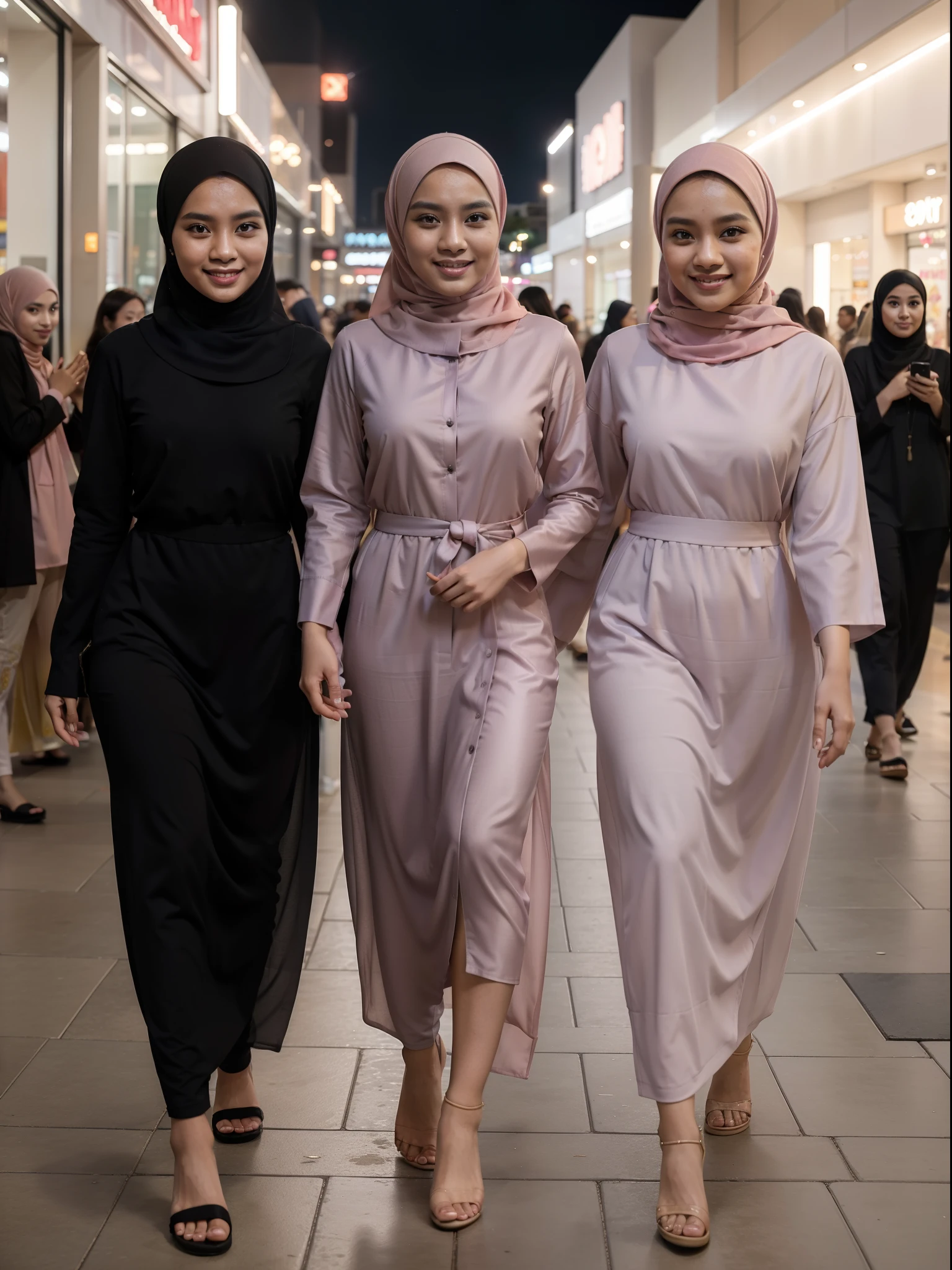 Portrait photography of 3 beautiful young malay girl in hijab wearing pastel color baju kurung walking, catwalk, nighttime, crowded mall background, bright lighting, smile and happy gesture, 8k, high quality, ultra detail, movie shot framing,