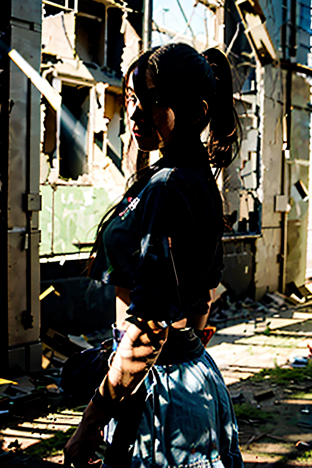 I want a two-dimensional style painting, a young girl just finished fighting, the light shines around her, next to a ruined building, the first person's perspective., --ar 3:4