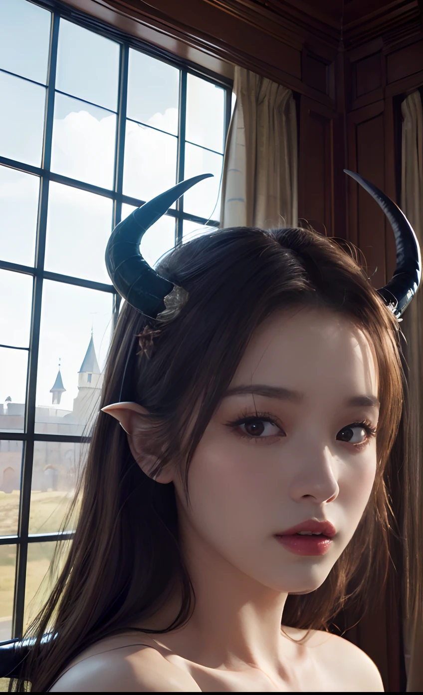 (Best Quality,Masterpiece:1.2),The ultra-detailliert,(Photo Photorealistic:1.4),Lovely_succubus, Detailed face, Fantastic face,(The two horns of a succubus:1.2), ((The two wings of a succubus:1.3)), irene, lisa, (((Background of the windows inside the European castle:1.3)))