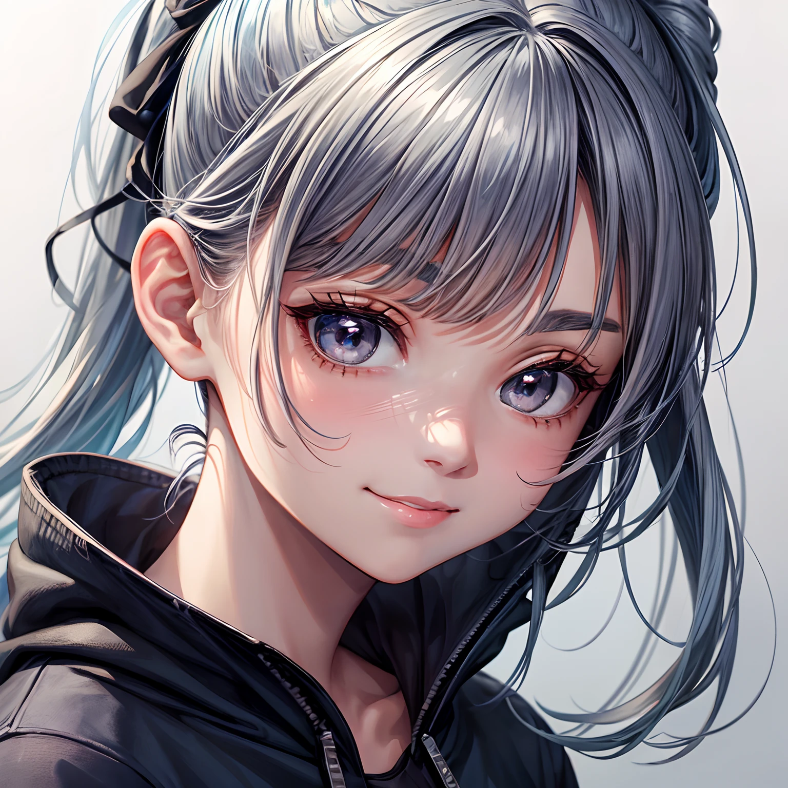 young woman in jersey, grayish-blue hair, low knot ponytail, with smooth bangs, Large eyes, Brown eyes, gently smiling, timid girl, dropping thin eyebrows, harmless
