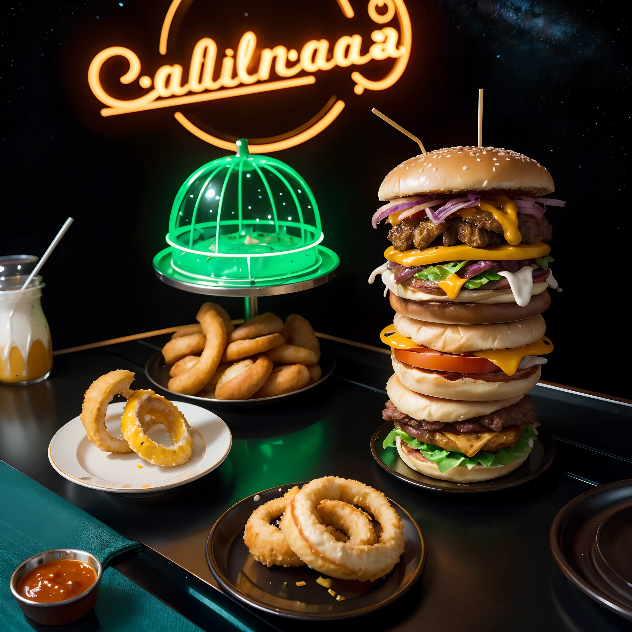 Alien burger,(Best quality,4K,8K,A high resolution,Masterpiece:1.2),Ultra-detailed,(Realistic,Photorealistic,photo-realistic:1.37),cgi rendering,Alien fast food,Sci-fi cuisine,Metallic texture,Edible aliens,Neon lights,Alien-themed restaurant,Interstellar cuisine,Colorful ingredients,Dripping cheese,Unique burger patties,Galaxy seasoning,The universe is good,Exotic toppings,Alien condiments,Vivid colors,Hologram menu,A surreal dining experience,Interstellar flavor,Futuristic restaurant,Alien encounters,Interstellar attraction,Gastronomic adventures,Warp velocity is fast-by-generation,Celestial composition,Cosmic combination meal,Interstellar food trucks,Otherworldly palate,Cosmic Smash Hamburger,Alien invasion,BBQ sauce supernova,Rocket ship-shaped fries,Satellite-shaped onion rings,Astronaut drink bar