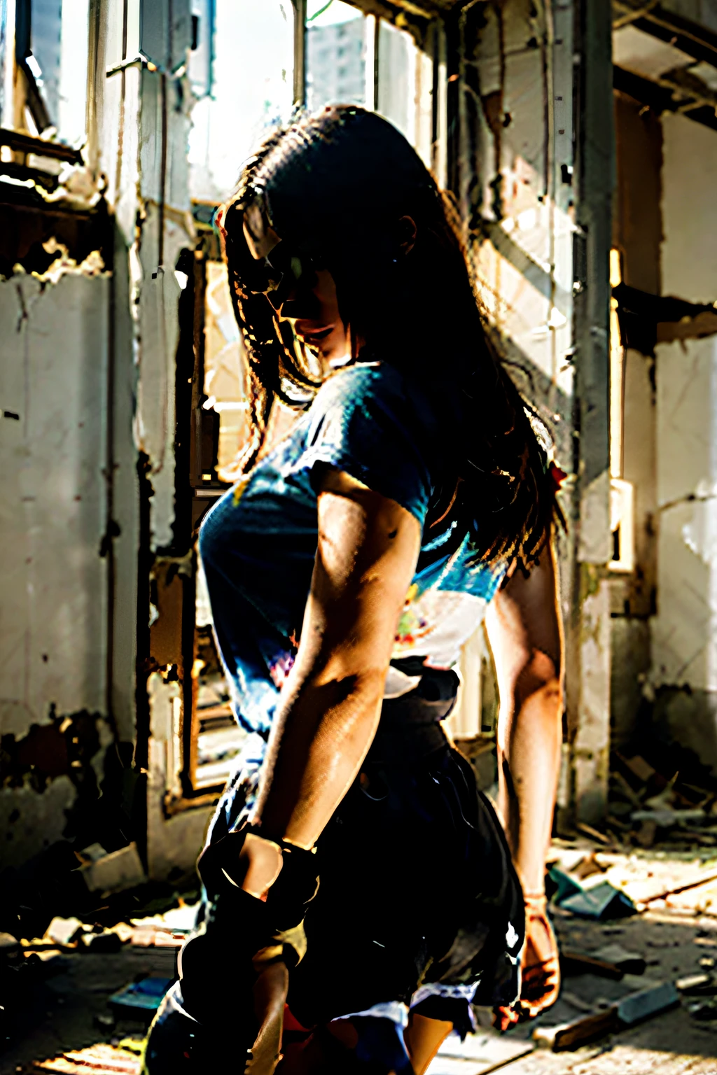 I want a two-dimensional style painting, a young girl just finished fighting, the light shines around her, next to a ruined building, the first person's perspective., --ar 3:4