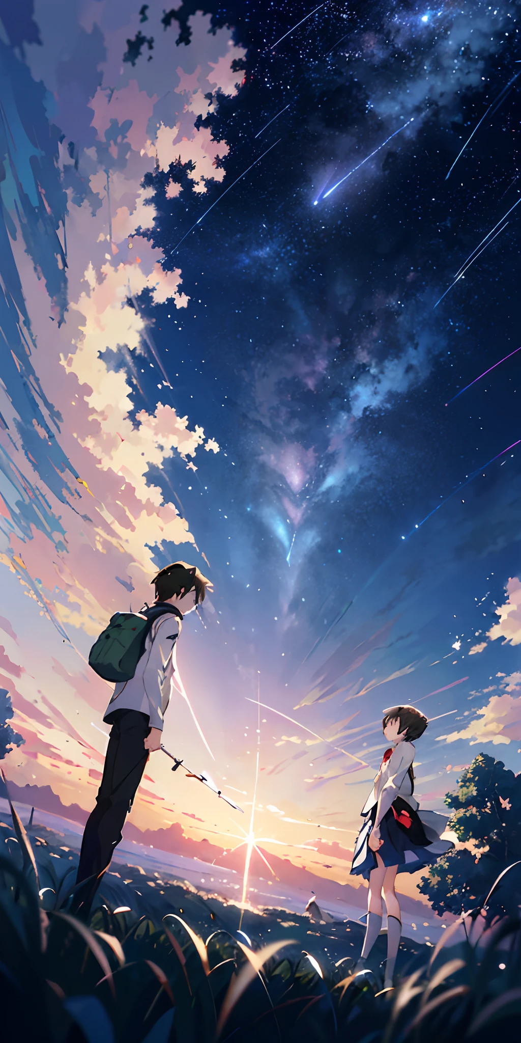 In an anime scene of a boy and a girl standing towards the sky、pixiv、concept-art、Inspired by Makoto Shinkai's anime drawings that became a hot topic on Cosmos Sky。Authors: By Shinkai Makoto, beautiful anime scene, Makoto Shinkai Cyril Rowland, anime art wallpaper 4k, anime art wallpaper 4k, Anime Sky, Anime Beautiful Peace Field((((Shinkai Makoto style)), pixiv, Anime Drawing, hight resolution, Pink sky, shooting stars、Meteor swarm、Beautiful scenes), (kosmos, train passing, magic realism, ((Shinkai Makoto style)) ::0.8), [art atmosphere, Atmosphere:0.8, starrysky, A hill,Sparkling water, Grassy、The tree、fumo、stele、low angle of view、specular light scattering、Detail Enhancement。