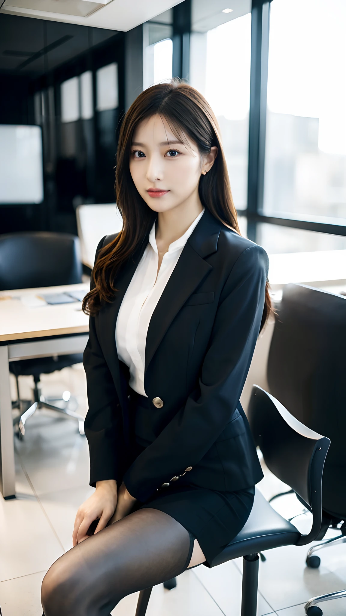 Classy upper-class elite secretary in business shirt, working in an office、Wearing a strict business suit, Wearing pantyhose、Wear high-end high heels、 Girl in a shirt, Wearing a business suit, Wearing a business suit, in a business suit, businesswoman, business clothes, wearing black business suit, Wear shirts and skirts, Woman in business suit, Business attire, business outfit, Raw photo, (8K、top-quality、​masterpiece:1.2)、(intricate detailes:1.4)、(Photorealsitic:1.4)、octane renderings、Complex 3D rendering ultra detail, Studio Soft Light, Rim Lights, vibrant detail, super detailing, realistic skin textures, Detail Face, Beautiful detail eyes, Very detailed CG Unity 16k wallpaper, make - up, (detailedbackground:1.2), Exposed thighs!!!,(Open Leg 1.5).Panties(Expensive lingerie).