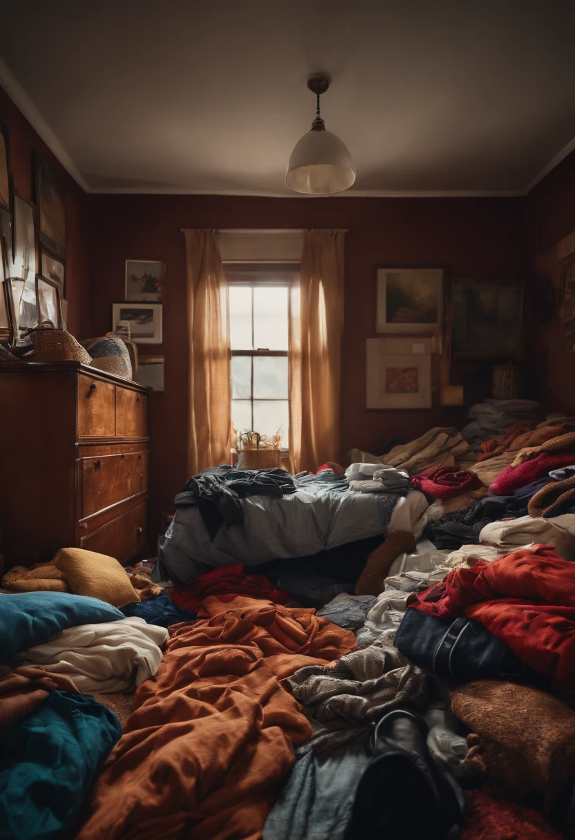 (best quality, highres, realistic:1.37), vibrant colors, messy wardrobe, clothes piled up, cluttered clothes, disorganized clothing, crumpled blankets on the floor