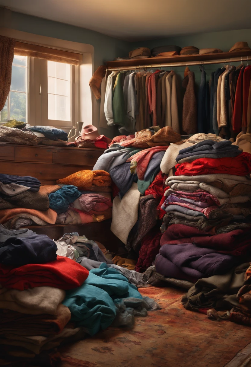 (best quality, highres, realistic:1.37), vibrant colors, messy wardrobe, clothes piled up, cluttered clothes, disorganized clothing, crumpled blankets on the floor