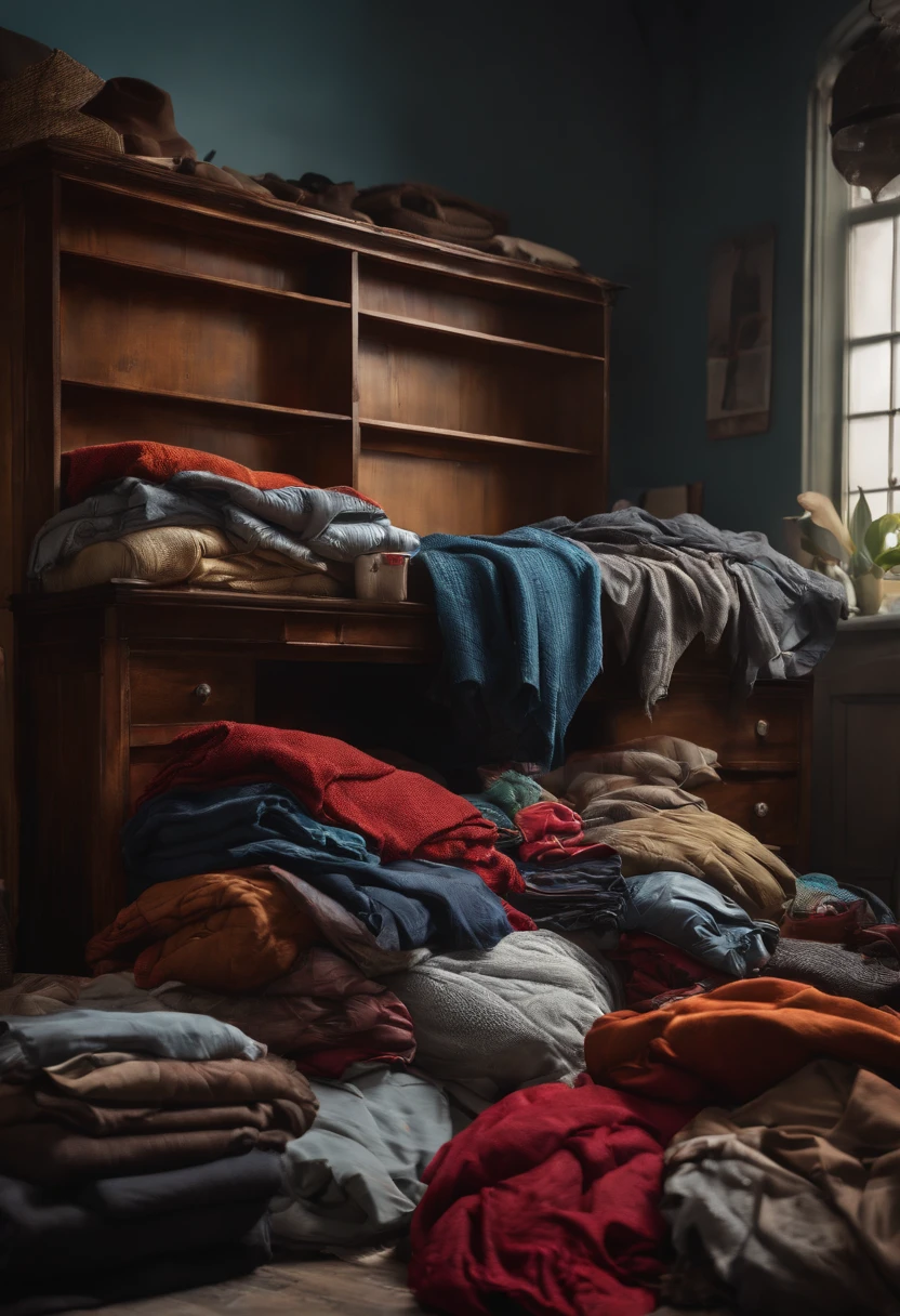 (best quality, highres, realistic:1.37), vibrant colors, messy wardrobe, clothes piled up, cluttered clothes, disorganized clothing, crumpled blankets on the floor