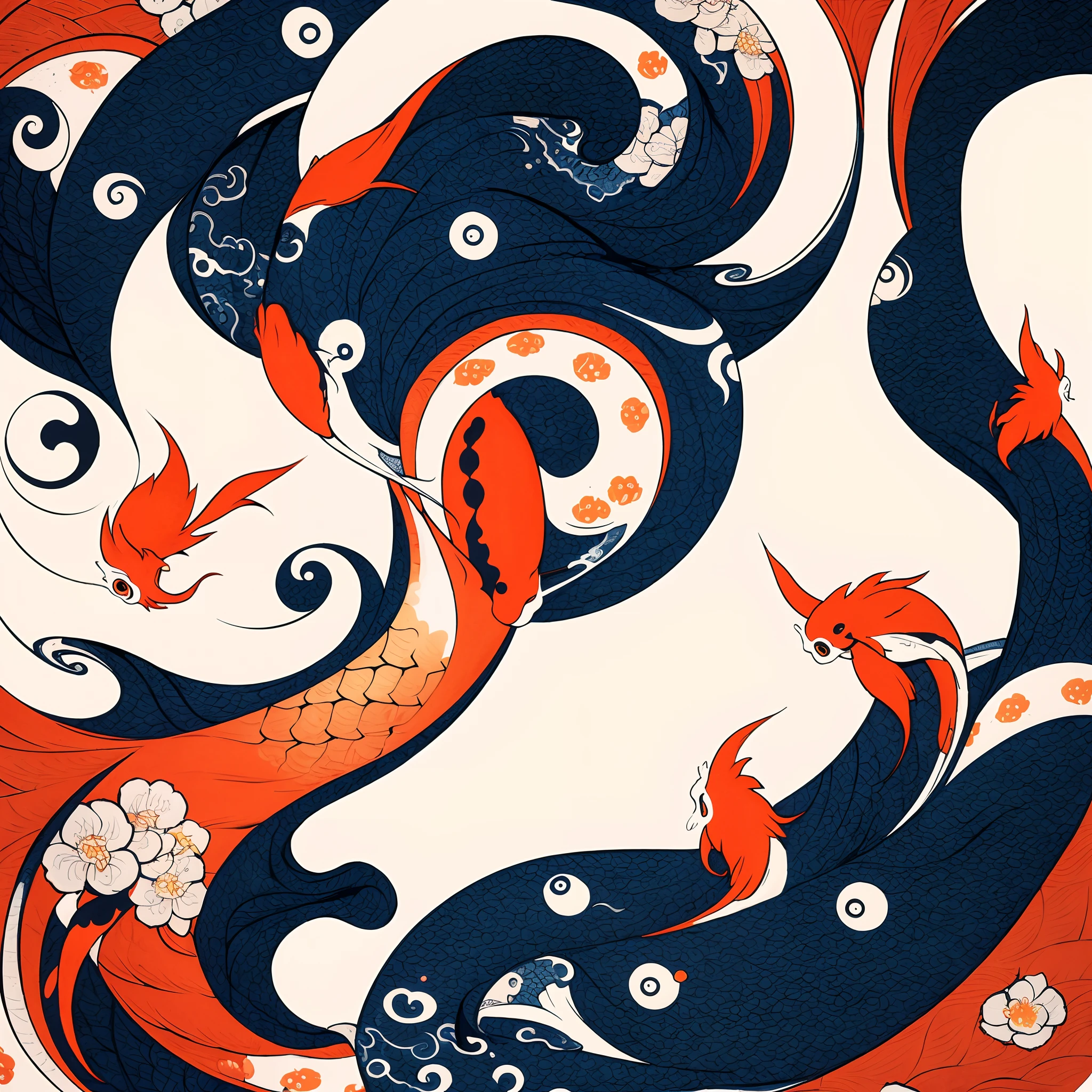 best quality, Meisterwerk, (9 Koi Fische: 1,5), Stil von Hokusai, Ukiyoe-Malerei ying yang pattern