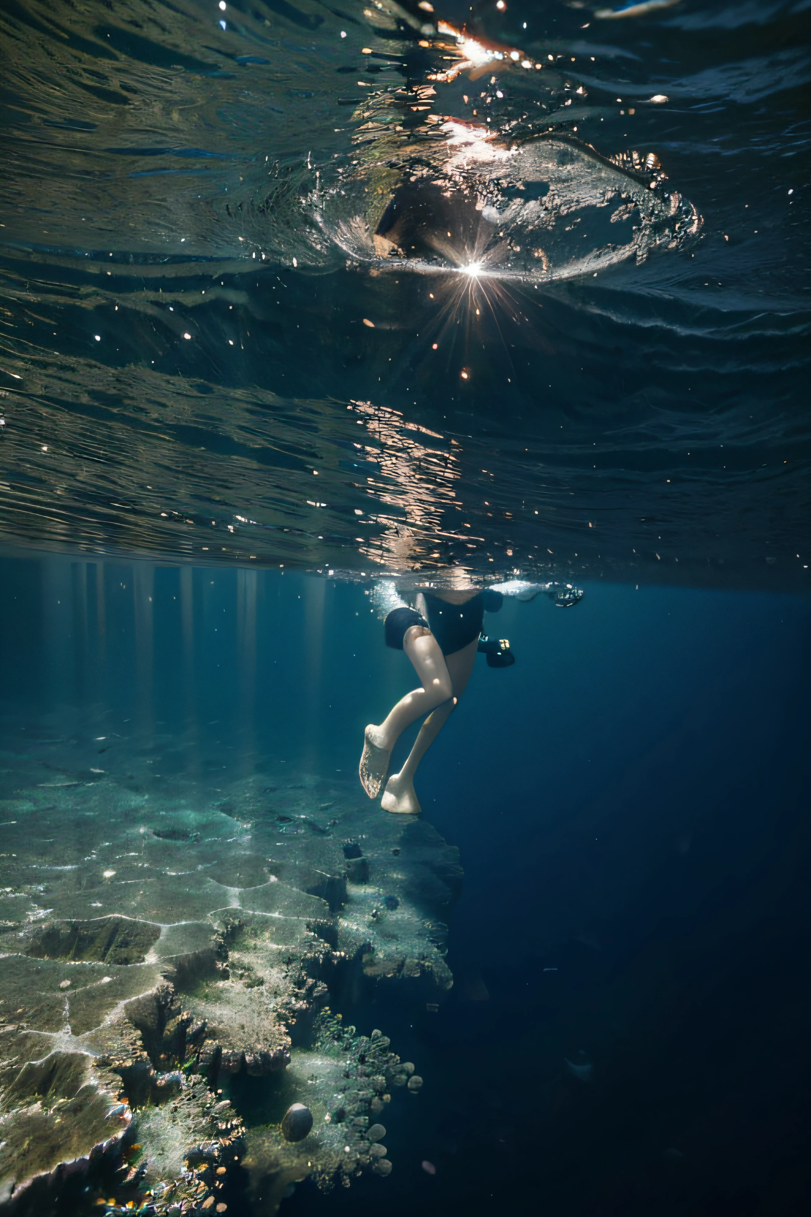 Create an image with the seabed in a perspective close to the surface of the water. Sem pessoas.