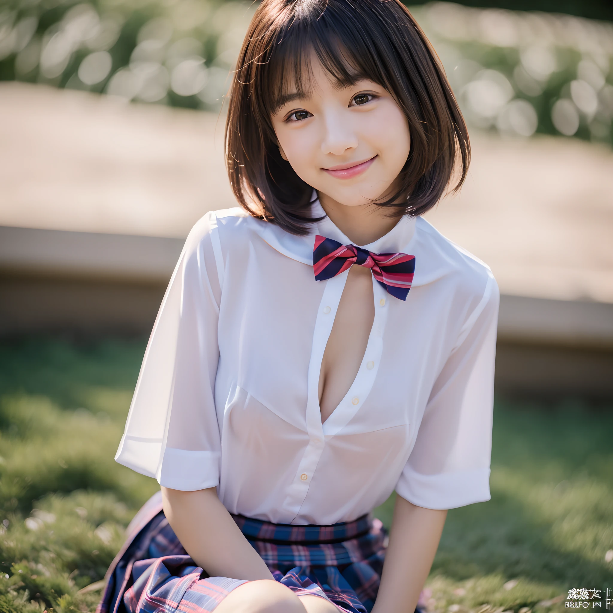 (8k、RAW Photography、top-quality、masterpiece:1.2)、(realisitic、Photorealsitic:1.37)、ultra-detailliert、
1 girl in、cute little、独奏、Beautiful detailed sky、Detailed Cafe、natta、sitting on、date、(blush of the nose)、(a smile:1.1)、(Mouth closed)、large full breasts、seducting smile、large aparture、profetional lighting、Sony A7R4、Zessie 50mm f1.8、
medium breasts、Beautiful Detail Eye、(shirt with collar:1.1)、a bow tie、pleatedskirt、(short-hair:1.2)、Floating Hair、barechested、itting open legs、