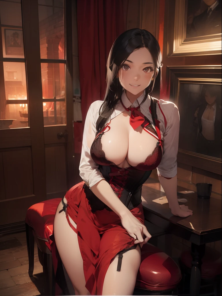 ultra-quality, ultla highres, Hyper Detailed, High contrast, Ultrafine Strike, creative refinement,A dark-haired, ssmile,Red lingerie,Red corset,Red garter belt,Show Pub