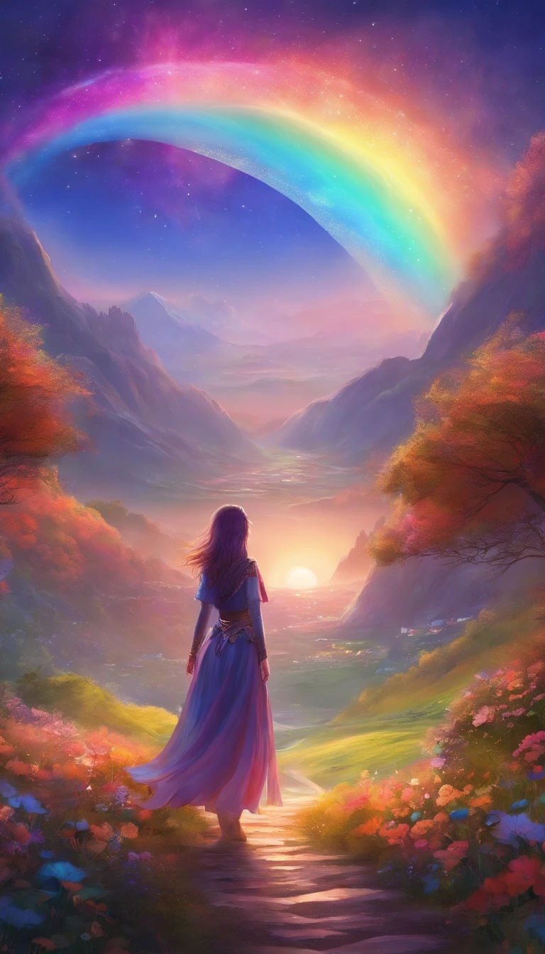 A wide landscape photo, (viewed from below, the sky is above, and the open field is below), a girl standing on a flower field looking up, (full moon: 1.2), (meteor: 0.9), (nebula: 1.3), distant mountains , Trees BREAK Crafting Art, (Warm Light: 1.2), (Firefly: 1.2), Lights, Lots of Purple and Orange, Intricate Details, Volumetric Lighting BREAK (Masterpiece: 1.2), (Best Quality), 4k, Ultra Detailed, (Dynamic Composition: 1.4), Rich in Detail and Color, (Rainbow Color: 1.2), (Glow, Atmospheric Lighting), Dreamy, Magical, (Solo: 1.2)