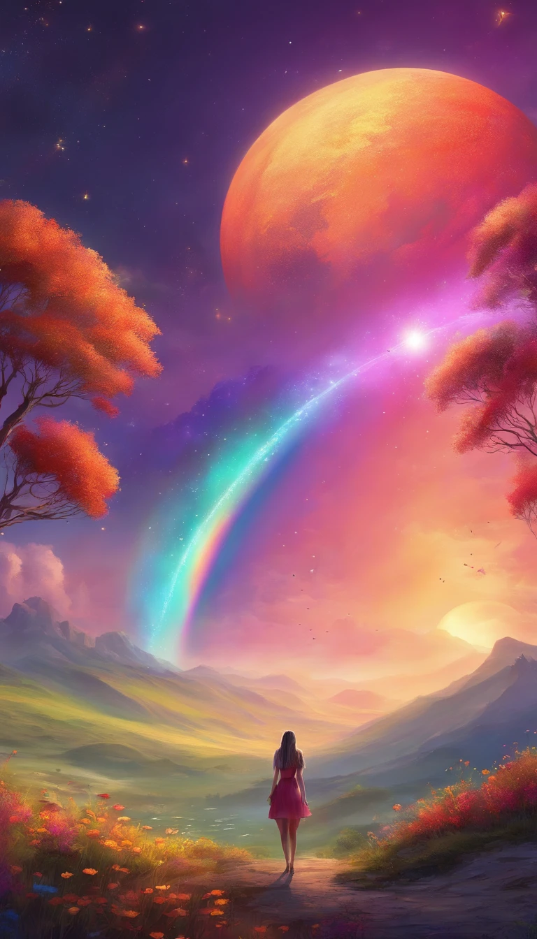A wide landscape photo, (viewed from below, the sky is above, and the open field is below), a girl standing on a flower field looking up, (full moon: 1.2), (meteor: 0.9), (nebula: 1.3), distant mountains , Trees BREAK Crafting Art, (Warm Light: 1.2), (Firefly: 1.2), Lights, Lots of Purple and Orange, Intricate Details, Volumetric Lighting BREAK (Masterpiece: 1.2), (Best Quality), 4k, Ultra Detailed, (Dynamic Composition: 1.4), Rich in Detail and Color, (Rainbow Color: 1.2), (Glow, Atmospheric Lighting), Dreamy, Magical, (Solo: 1.2)