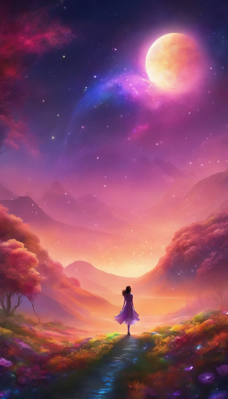 A wide landscape photo, (viewed from below, the sky is above, and the open field is below), a girl standing on a flower field looking up, (full moon: 1.2), (meteor: 0.9), (nebula: 1.3), distant mountains , Trees BREAK Crafting Art, (Warm Light: 1.2), (Firefly: 1.2), Lights, Lots of Purple and Orange, Intricate Details, Volumetric Lighting BREAK (Masterpiece: 1.2), (Best Quality), 4k, Ultra Detailed, (Dynamic Composition: 1.4), Rich in Detail and Color, (Rainbow Color: 1.2), (Glow, Atmospheric Lighting), Dreamy, Magical, (Solo: 1.2)