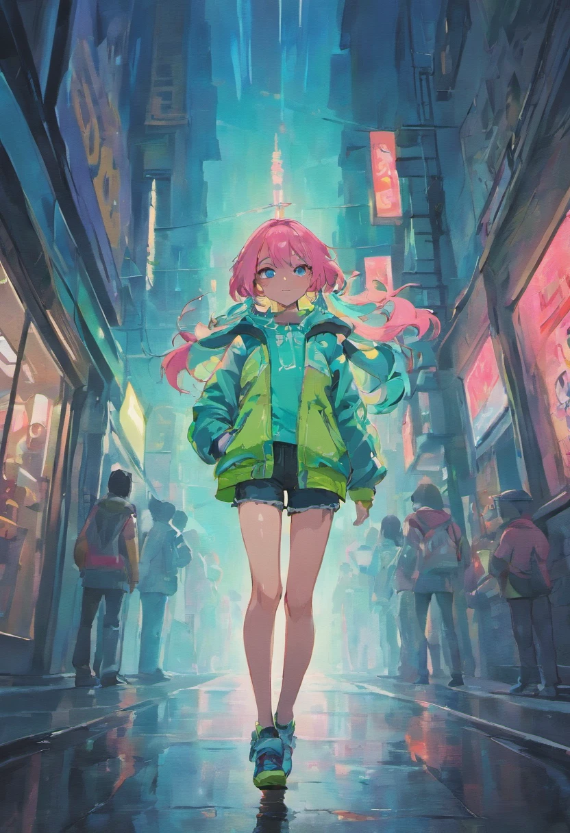 girl, brown skin, long pink hair, blue eyes, wearing blue tank top, wearing white_green leather jacket,Blue Raw Hem Denim Shorts, Ripped Holes, dancing on the streets, at night, black leather boots, city street, ground wet from rain, fall, night time, neon sign in background, beautiful, absurdres, high res, ultrasharp, 8k, masterpiece, looking at viewer.