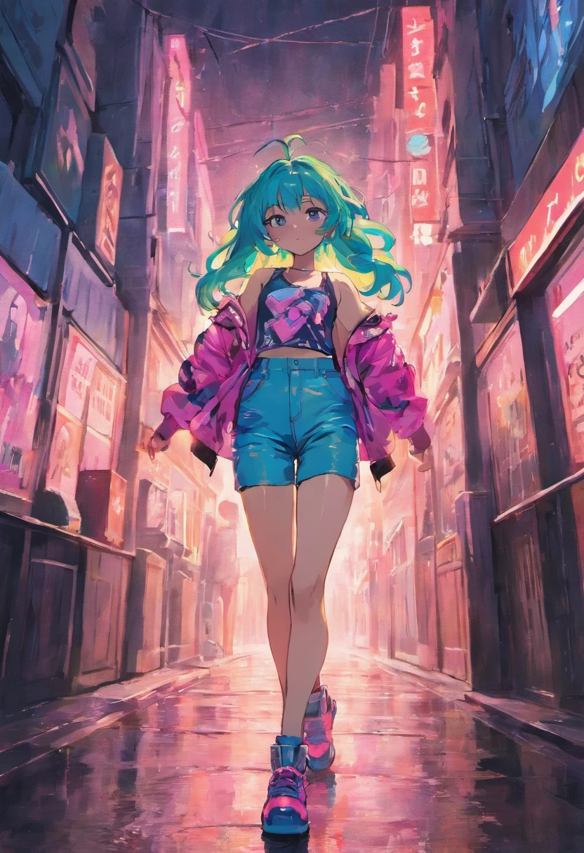 girl, brown skin, long pink hair, blue eyes, wearing blue tank top, wearing white_green leather jacket,Blue Raw Hem Denim Shorts, Ripped Holes, dancing on the streets, at night, black leather boots, city street, ground wet from rain, fall, night time, neon sign in background, beautiful, absurdres, high res, ultrasharp, 8k, masterpiece, looking at viewer.