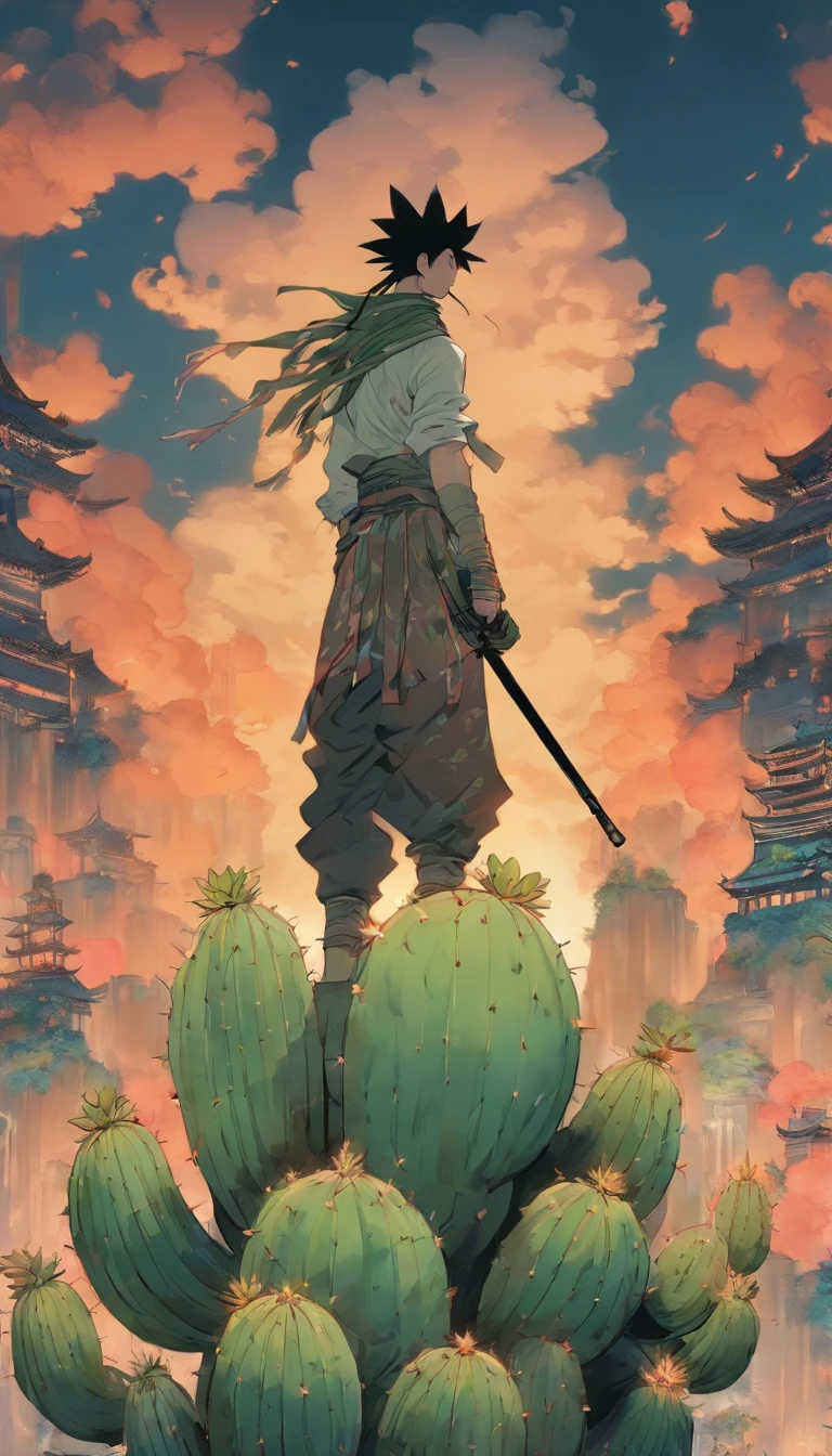 China style,中景 the scene is,Sniper standing on a large cactus with fully outstretched hands,Long messy hair,Glow effect,Hyper-realistic,Ultra photo realsisim,Chinese black and white ink style,Silver,Decolorization,Smudge,Inky,8K,super-fine,high qulity,OC renderer