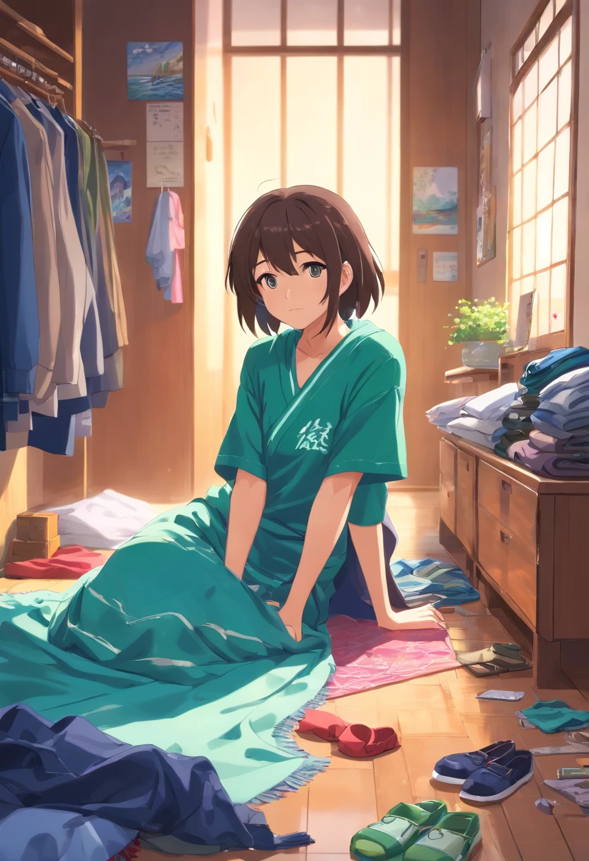 (best quality, high resolution, photo-realistic:1.37), vibrant colors, cluttered wardrobe, piles of clothes, disheveled garments, wrinkled blanket on the floor