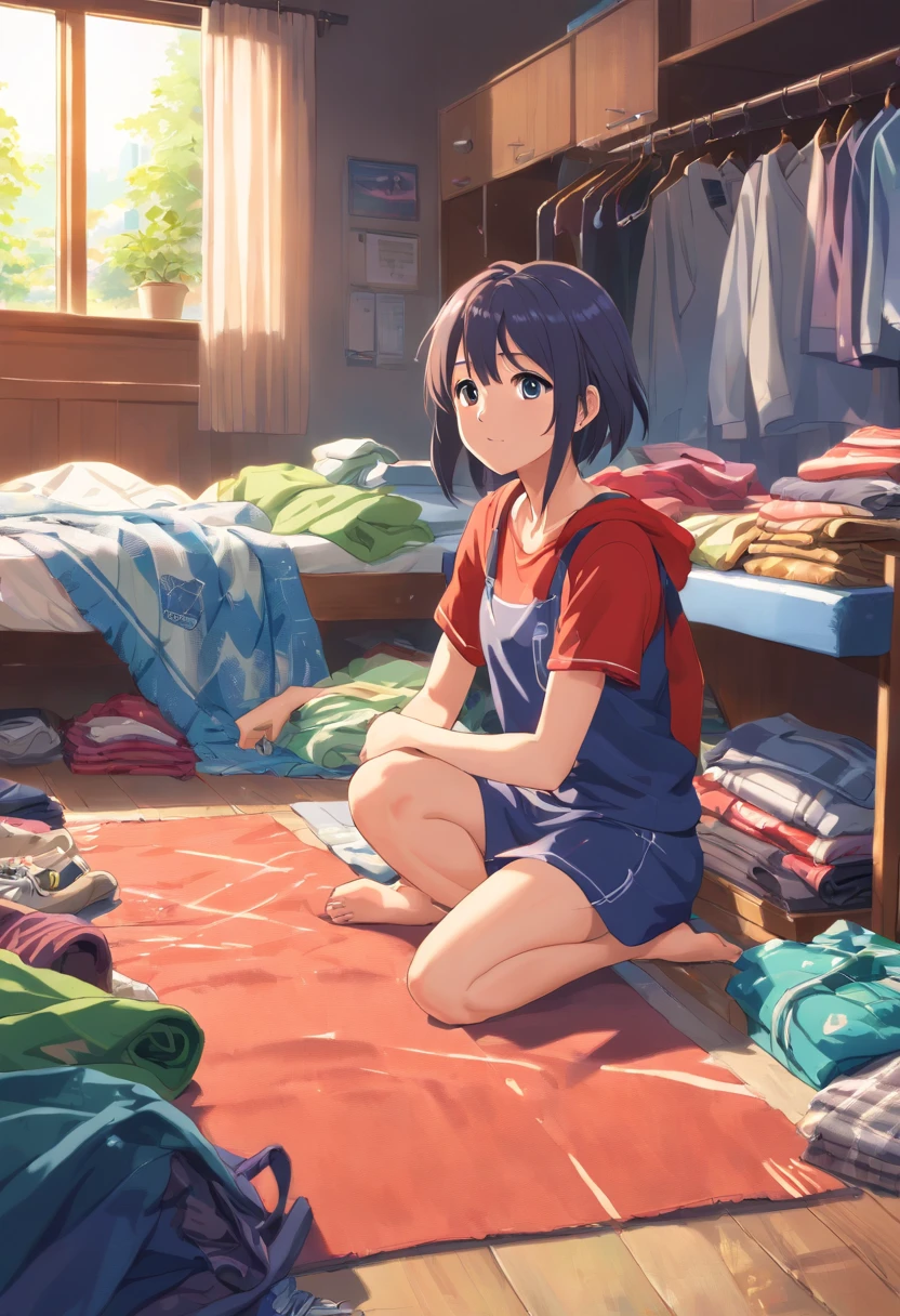 (best quality, high resolution, photo-realistic:1.37), vibrant colors, cluttered wardrobe, piles of clothes, disheveled garments, wrinkled blanket on the floor