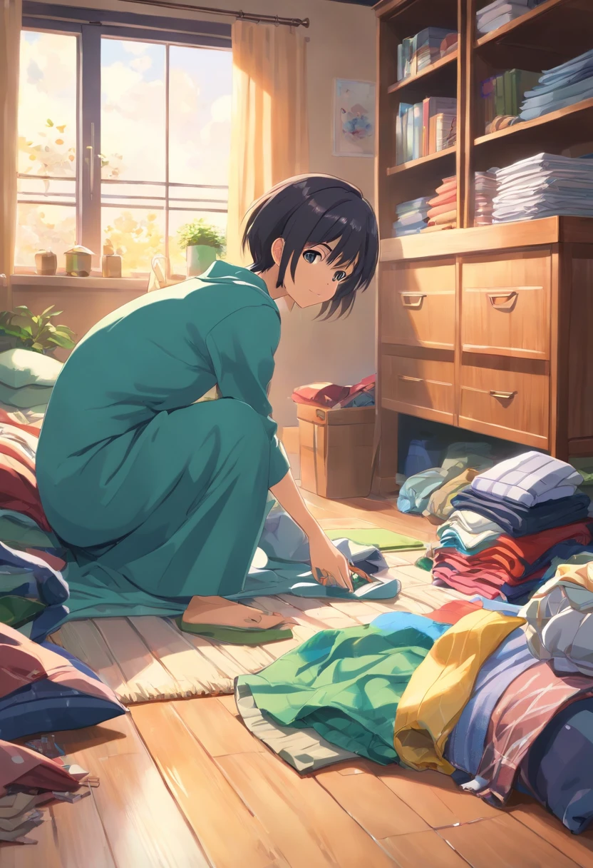 (best quality, high resolution, photo-realistic:1.37), vibrant colors, cluttered wardrobe, piles of clothes, disheveled garments, wrinkled blanket on the floor