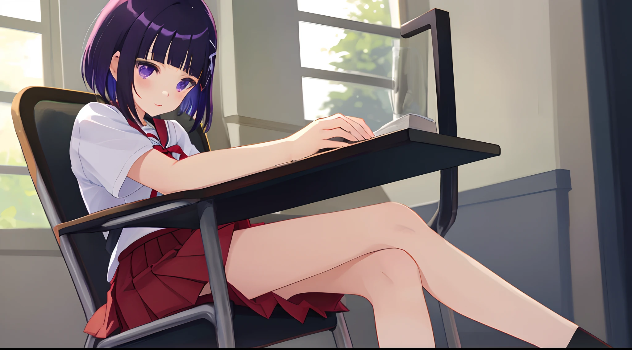 a beauty girl，sit on chair，lifting up skirt，Jirou legs