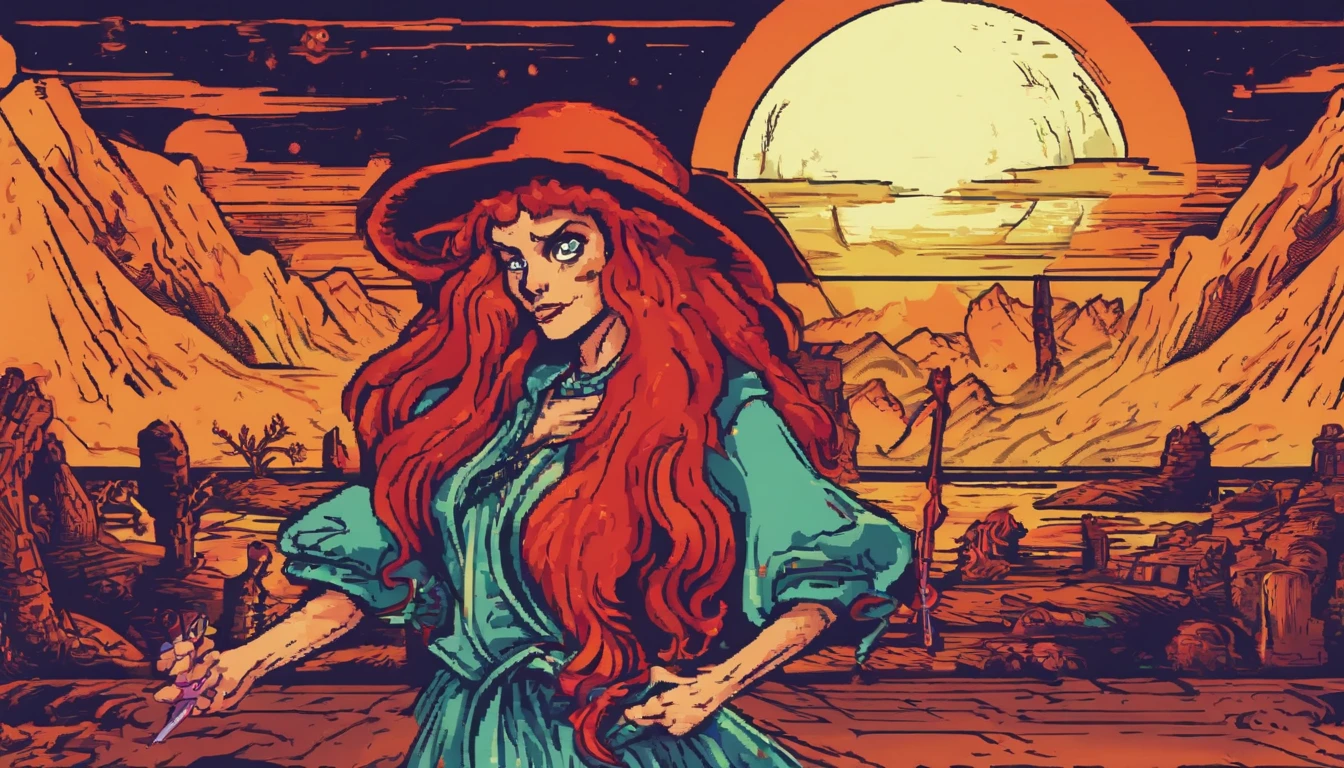Busty redhead sorceress casting a spell on a skeleton