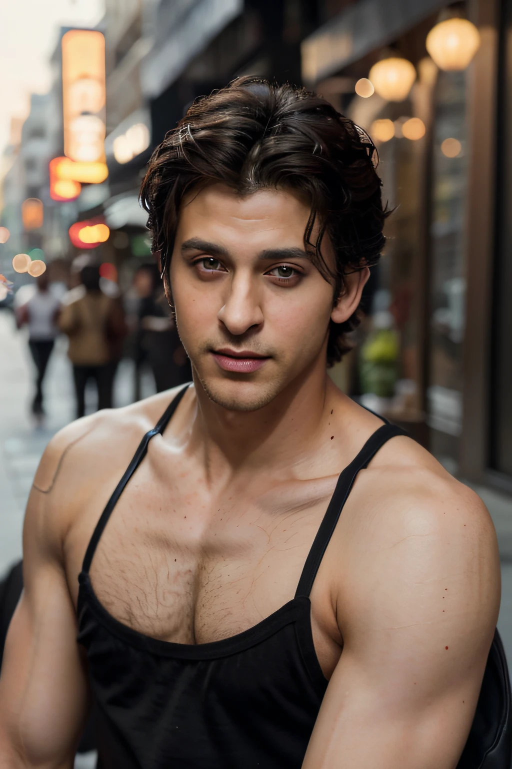 a Caucasian handsome young man, black hair, black eyes, with a mix of the best features of Hrithik Roshan, Timothy Chalamet, Shahrukh Khan, Ryan Gosling, George Clooney, photo realistic, hyperfine details, detailed skin, sharp features, hyper realistic