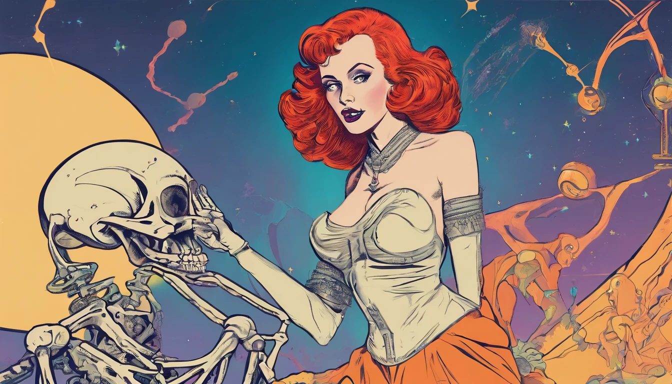 Busty redhead sorceress casting a spell on a skeleton