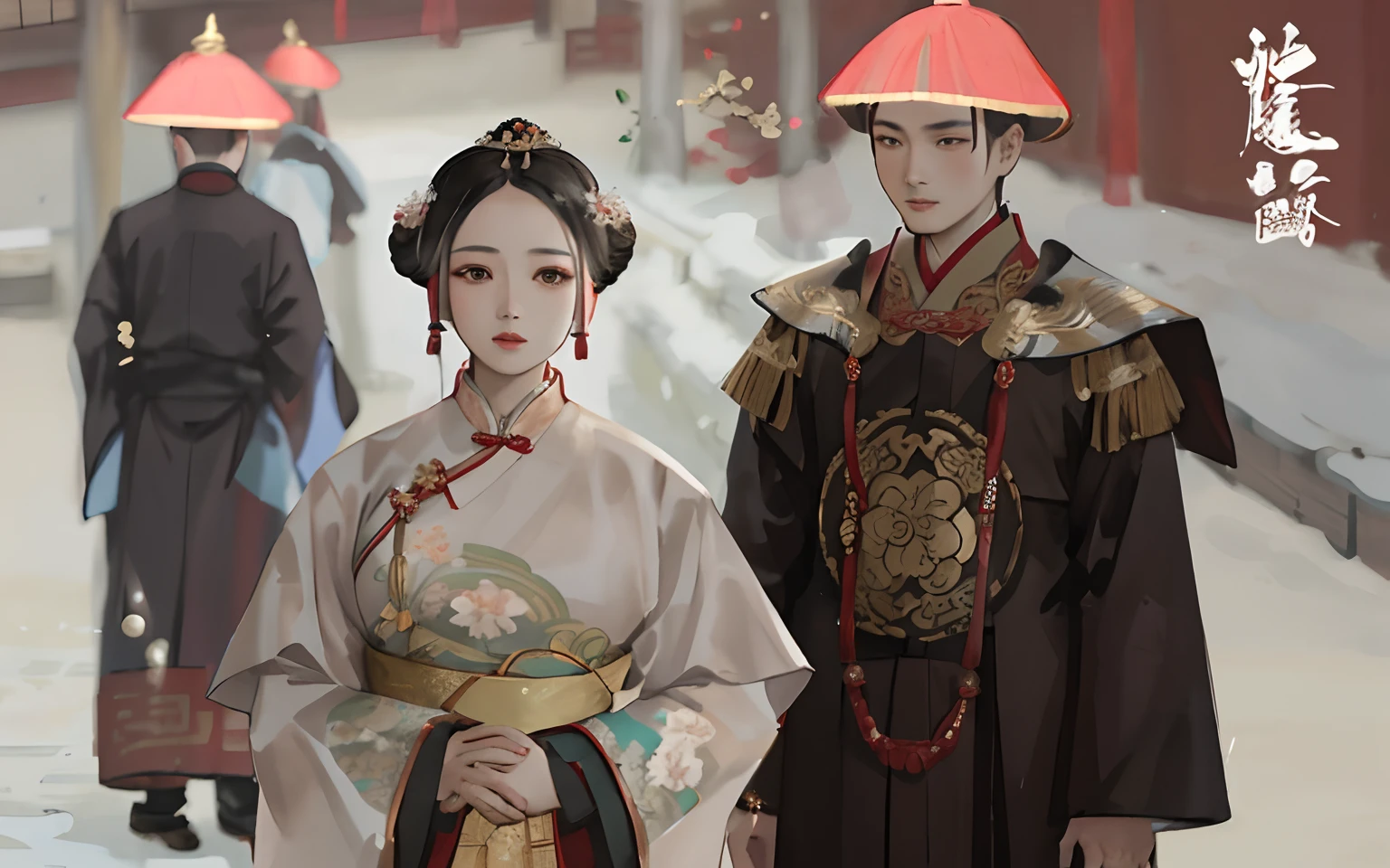 The image of several people in traditional clothing in Arafard, Wearing ancient Chinese clothes, Hanfu, Traditional Chinese clothing, wearing a noblewoman's outfit, Palace , A girl in Hanfu, with acient chinese clothes, wearing ornate silk clothes, aristocratic clothes, imperial royal elegant clothing, Qing dynasty, history drama, Chinese costume, Beautiful androgynous prince