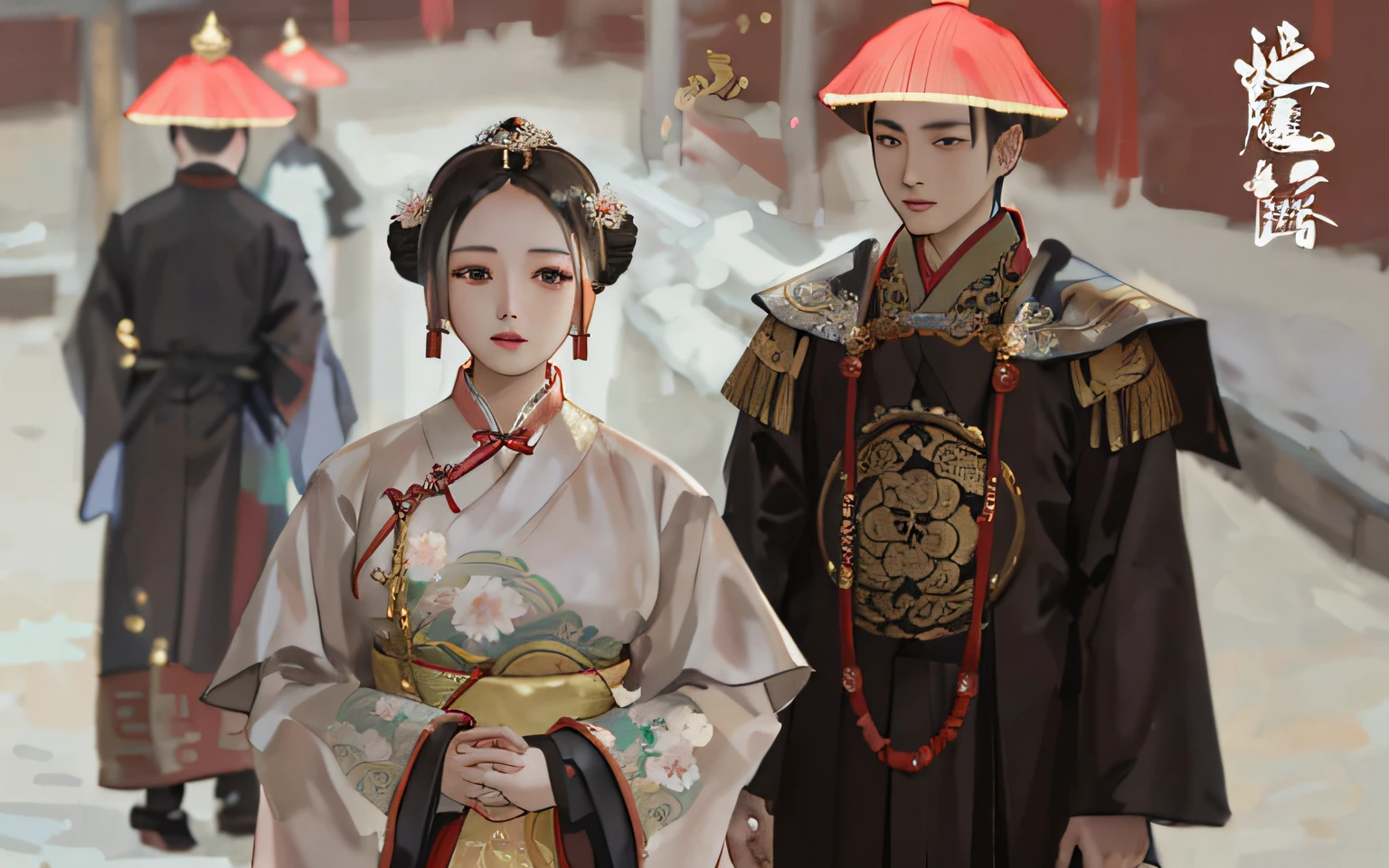 The image of several people in traditional clothing in Arafard, Wearing ancient Chinese clothes, Hanfu, Traditional Chinese clothing, wearing a noblewoman's outfit, Palace ， A girl in Hanfu, with acient chinese clothes, wearing ornate silk clothes, aristocratic clothes, imperial royal elegant clothing, Qing dynasty, history drama, Chinese costume, Beautiful androgynous prince