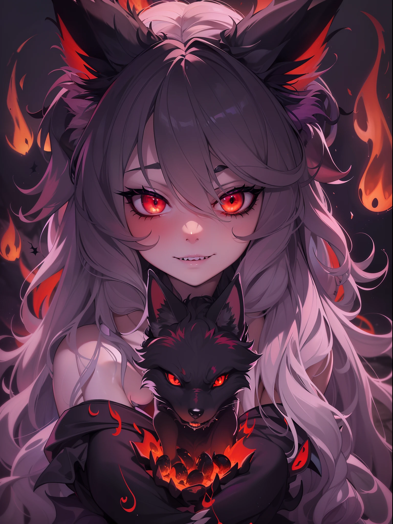 (best quality,4k,8k,highres,masterpiece:1.2),ultra-detailed,(realistic,photorealistic,photo-realistic:1.37),A devil girl with cute fluffy wolf as a devil pet,illustration,dark art,gothic,red color palette,warm lighting,fiery background,glowing eyes,horns,tail,sharp teeth,demonic smile,beautiful detailed eyes,beautiful detailed lips,flawless porcelain skin,dark long hair,black dress,fierce expression,mischievous smirk,wolf ears,furry wolf paws,twisted devil's horns,piercing stare,magic flames,spooky atmosphere,floating crystals,enchanted forest,moonlight,nighttime scene,dramatic shadows,creepy vines,twisted trees,thunderstorm,rainy weather,evil aura