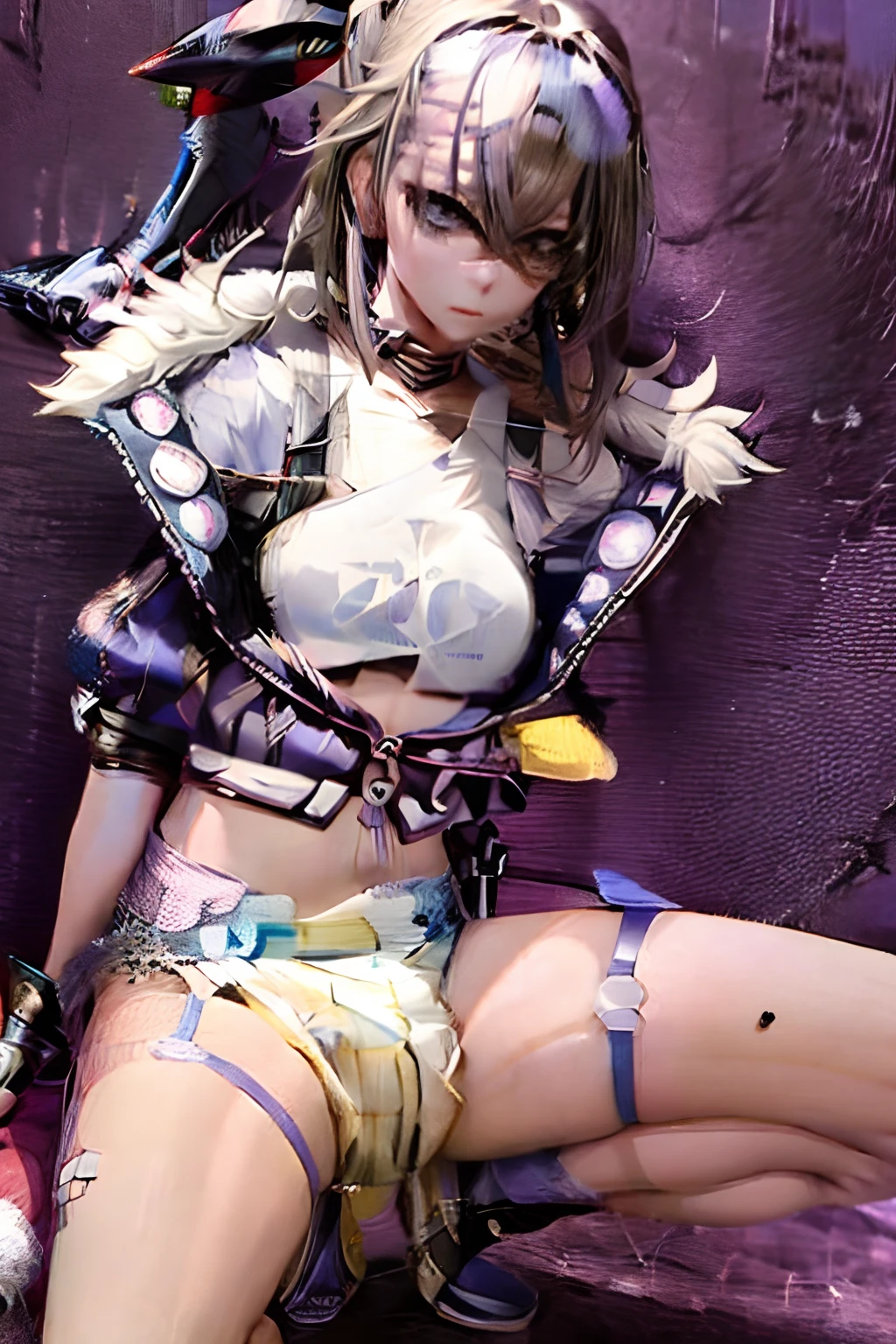 girl, only one girl, squatting, silver hair, short black jacket, jacket with fur around collar, white crop top, diaper, wet diaper, blue boots, silver eyes, tight strap, exposed stomach, hair tied up, peeing diaper,