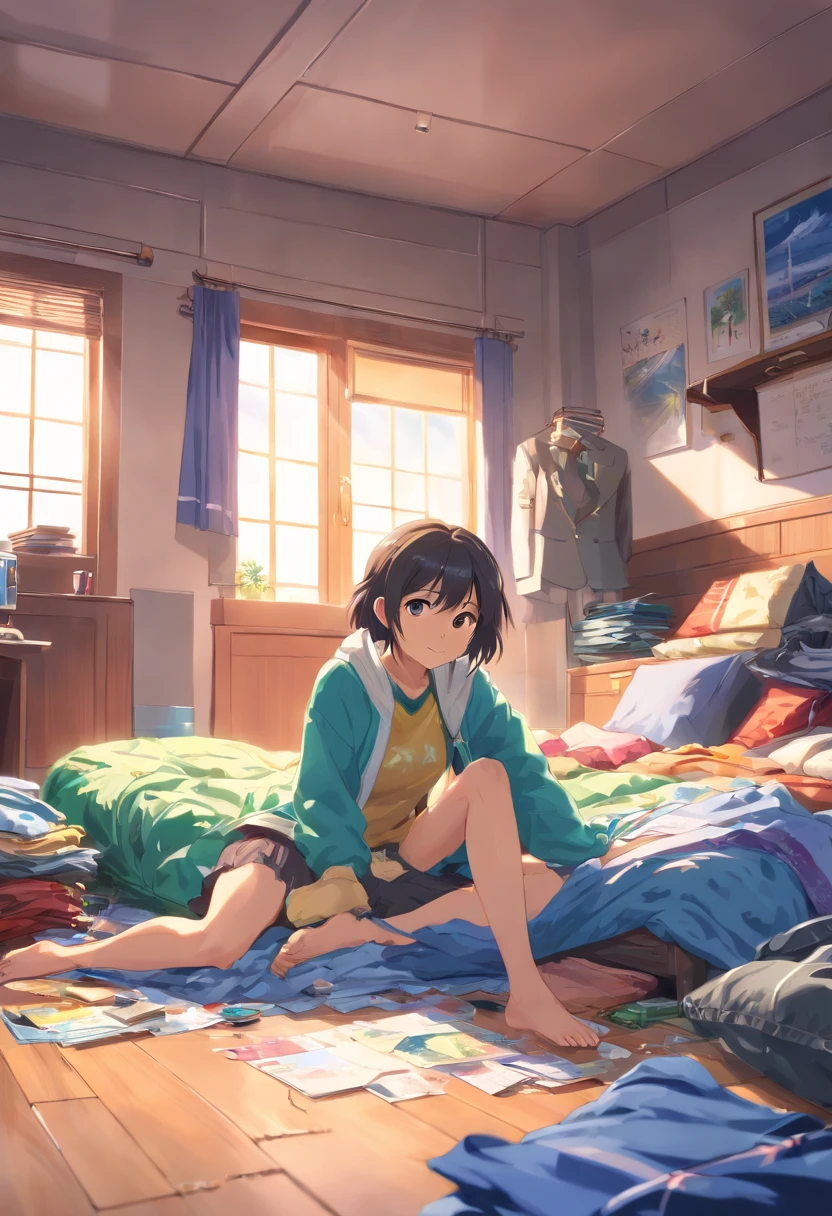 (Best quality, high resolution, photo-realistic:1.37), Vibrant colors,There was no one in the room cluttered wardrobe, Piles of clothes, messy outfit, A crumpled blanket on the floor