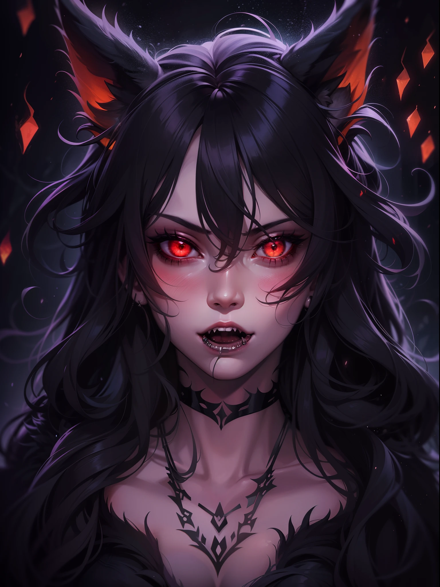 (masterpiece, best quality),  intricate details, 8k, artstation, wallpaper, official art, splash art, sharp focus,
1girl, solo,   <lora:remV2:0.8> rem,  cat ears, ear fluff, green eyes, collar,
(sharp teeth:1.2), snarl, aggressive, blood,  woods at night, gloomy, tree branchs overhanging, cemetery, foggy, moonlight,  drooling,