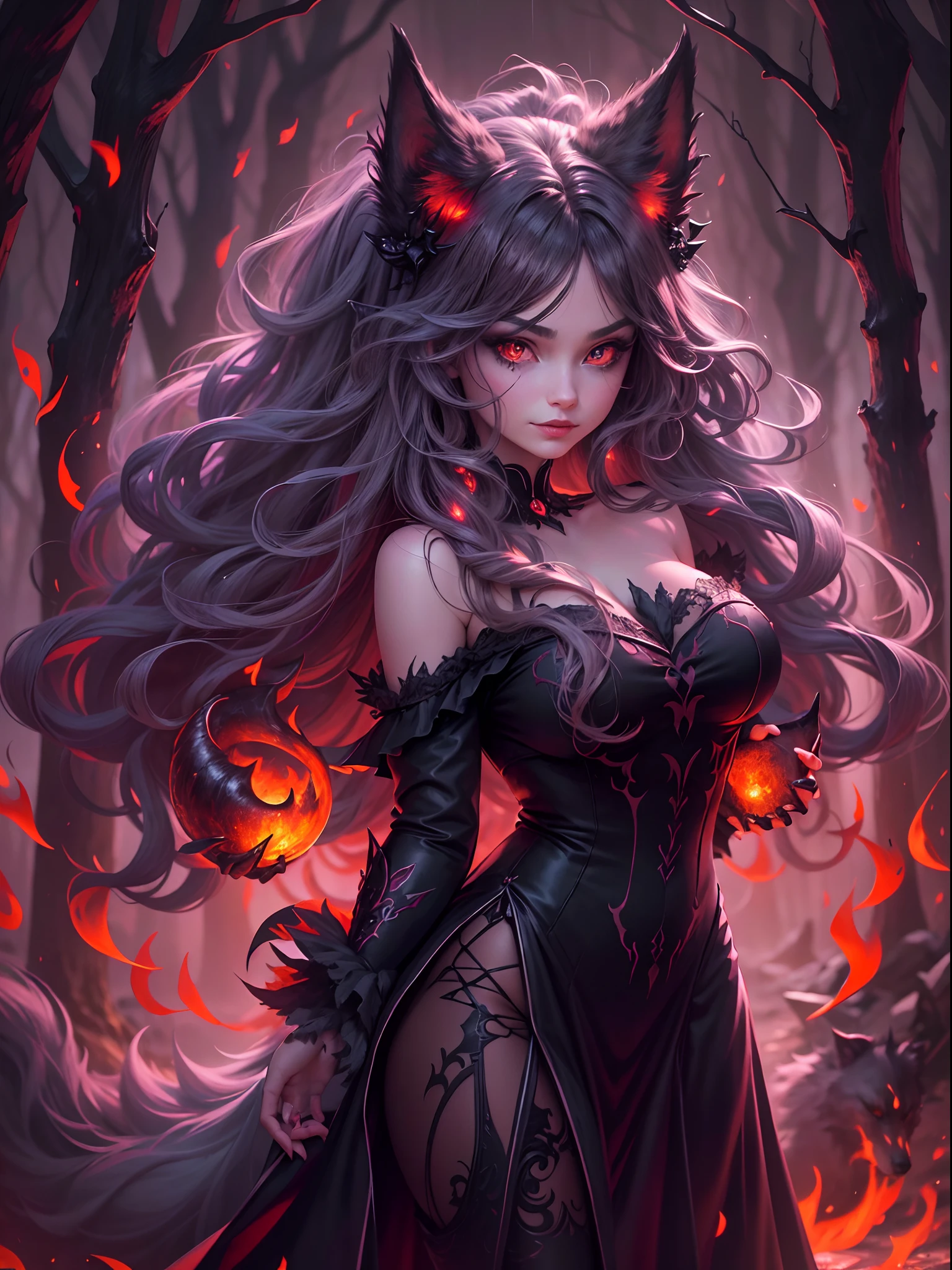 (best quality,4k,8k,highres,masterpiece:1.2),ultra-detailed,(realistic,photorealistic,photo-realistic:1.37),A devil girl with cute fluffy wolf as a devil pet,illustration,dark art,gothic,red color palette,warm lighting,fiery background,glowing eyes,horns,tail,sharp teeth,demonic smile,beautiful detailed eyes,beautiful detailed lips,flawless porcelain skin,dark long hair,black dress,fierce expression,mischievous smirk,wolf ears,furry wolf paws,twisted devil's horns,piercing stare,magic flames,spooky atmosphere,floating crystals,enchanted forest,moonlight,nighttime scene,dramatic shadows,creepy vines,twisted trees,thunderstorm,rainy weather,evil aura