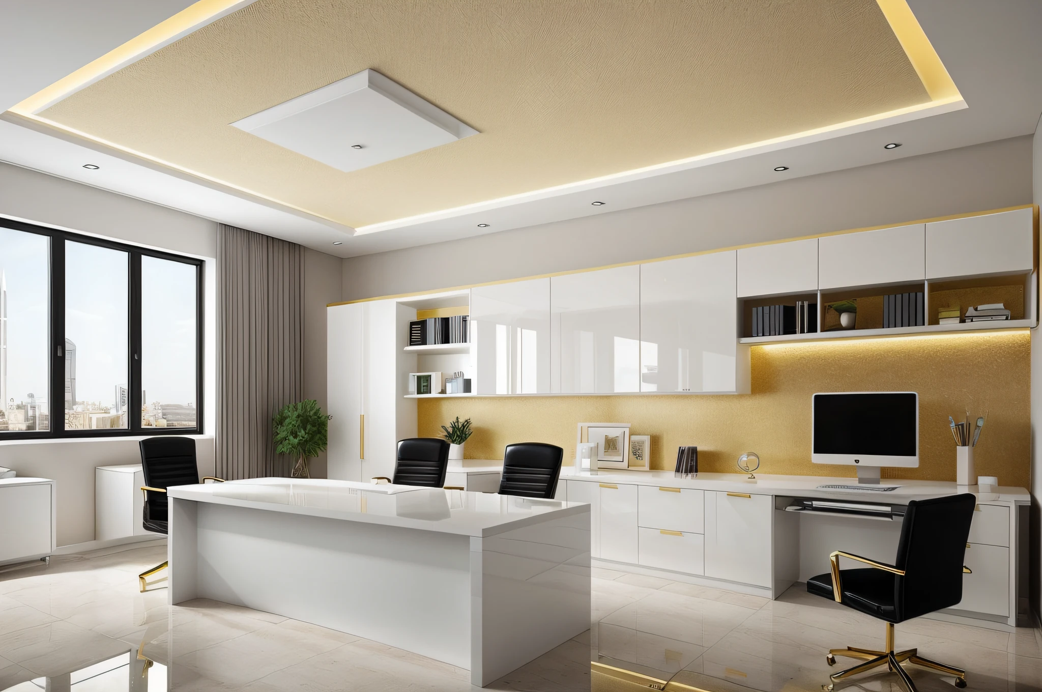 An interesting idea to create a modern executive office is to combine a white porcelain floor with white and gold furniture.  This color combination can create an elegant and sophisticated environment.  Here are some suggestions for creating this space:

 1. White porcelain floor: White porcelain is a versatile and easy-to-maintain option.  It can bring a clean and bright look to your office.

 2. White and gold furniture: Opting for furniture with a white finish can bring a sense of lightness and modernity to the space.  To add a touch of sophistication, choosing furniture with golden details can be an excellent option.  For example, a white office desk with gold legs or a bookcase with white shelves and gold frames can create an interesting contrast.

 3. LED Lights: The use of LED lights can bring a modern and energizing lighting effect to the office.  Consider installing recessed ceiling lights or LED strips around the space to create a bright, welcoming atmosphere.

 4. Wall cabinet: Having a wall cabinet can help with office organization, providing space to store documents, office supplies and other items.  Choose a cabinet with white or gold doors to maintain visual consistency.

 5. Gold Italian Leather Armchairs: Gold Italian leather armchairs can add a luxurious touch to your executive office.  In addition, leather is a durable and comfortable material.  Consider choosing armchairs with an elegant and comfortable design to complement the environment.

 Remember to create good general lighting in the space and also consider incorporating decorative elements, such as pictures, plants and rugs, to make the environment even more cozy and personalized.

 These are just suggestions to help you create a modern executive office.  Feel free to adapt the ideas according to your preferences and needs.