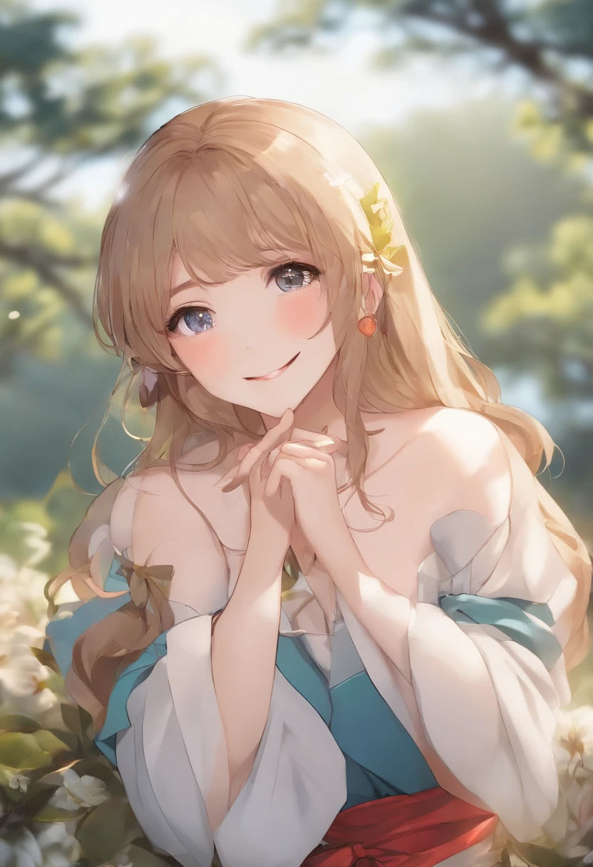 masterpiece, best quality,, curren chan (umamusume), smile, sitting, bare, closed mouth, own hands IN THE AIR, upper body,,