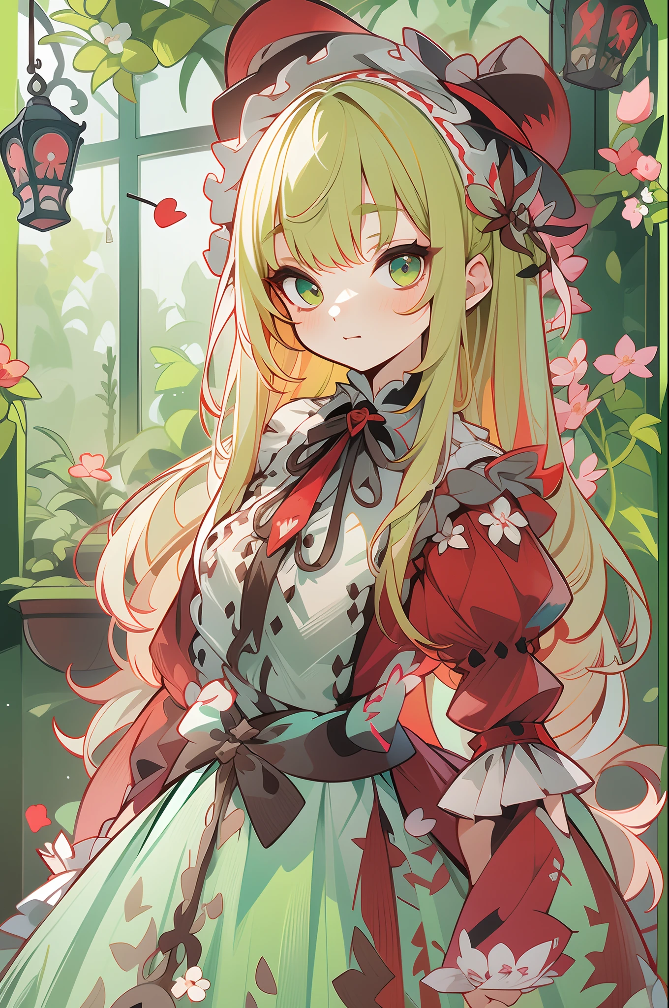 (1 Gothic Lolita), (standing full-body), (Full body standing painting), 1 Princess，(standing full-body)，独奏, BJD dolls, Blush, long  skirt，character  design, fanciful, alice in the wonderland, Gothic Lolita red dress, Green high socks, White flowers, ((red colour)), Blonde hair, Short hair, Double up braid, tmasterpiece, top Quority，best qualtiy，超高分辨率，Exquisite facial features,