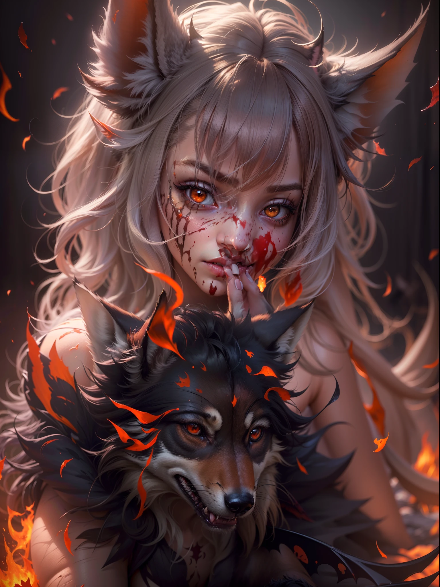 (best quality, highres, ultra-detailed:1.2), (realistic, photorealistic, photo-realistic:1.37), devil girl with bat wings, blood splatters everywhere, blurred fire background, smoked atmosphere, devil girl with wolf as a pet, fluffy wolf animal as pet, full night view, semi-realistic, rendered by Nvidia RTX