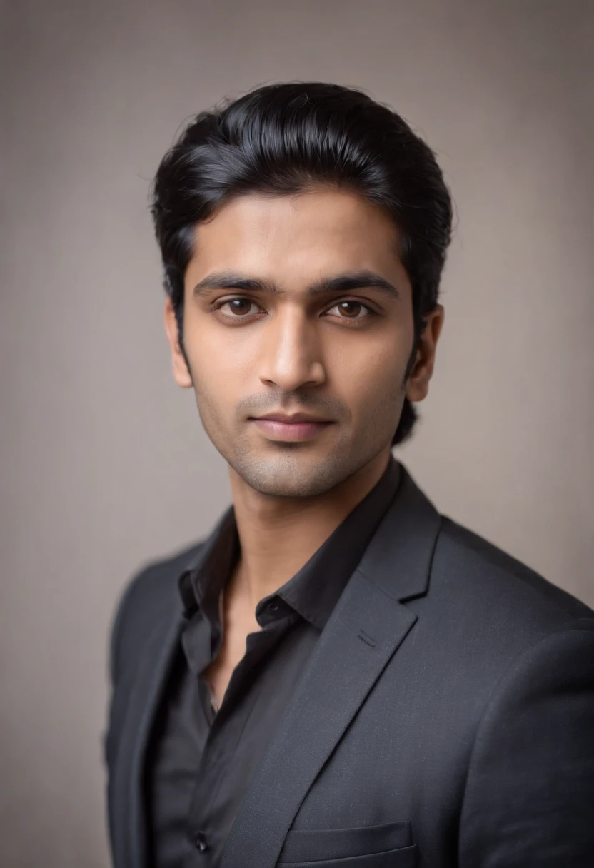 30 year old Indian man with black hair in a business suit, portrait, looking directly at the camera, headshot, shaved