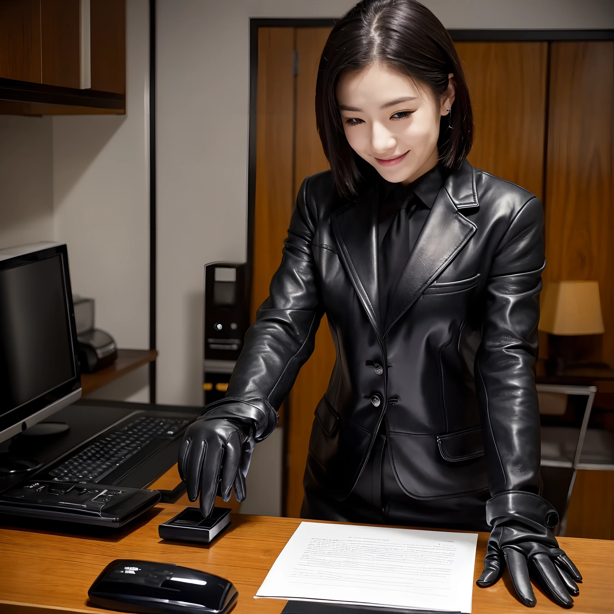 Wearing black leather gloves on both hands, Upper body, Black business suit, Facing the desk in my room with a computer in the dark, Look down and smile, Use a fountain pen to write a letter, Black hair was tied back for a long time, Young and very cute Japan female recruit (Black leather gloves cover both hands)Gentle smile looking at the camera、Work with black leather gloves with both hands