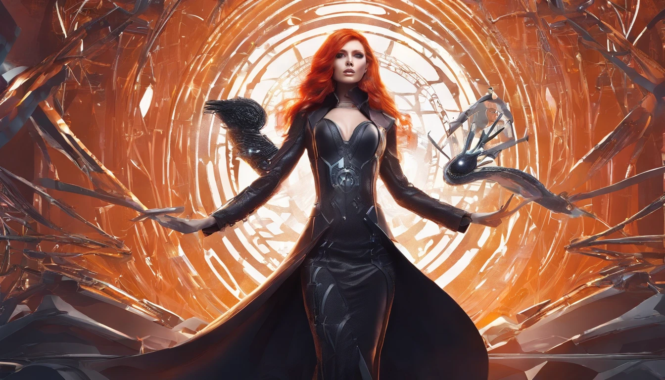 Busty redhead sorceress casting a spell on a skeleton