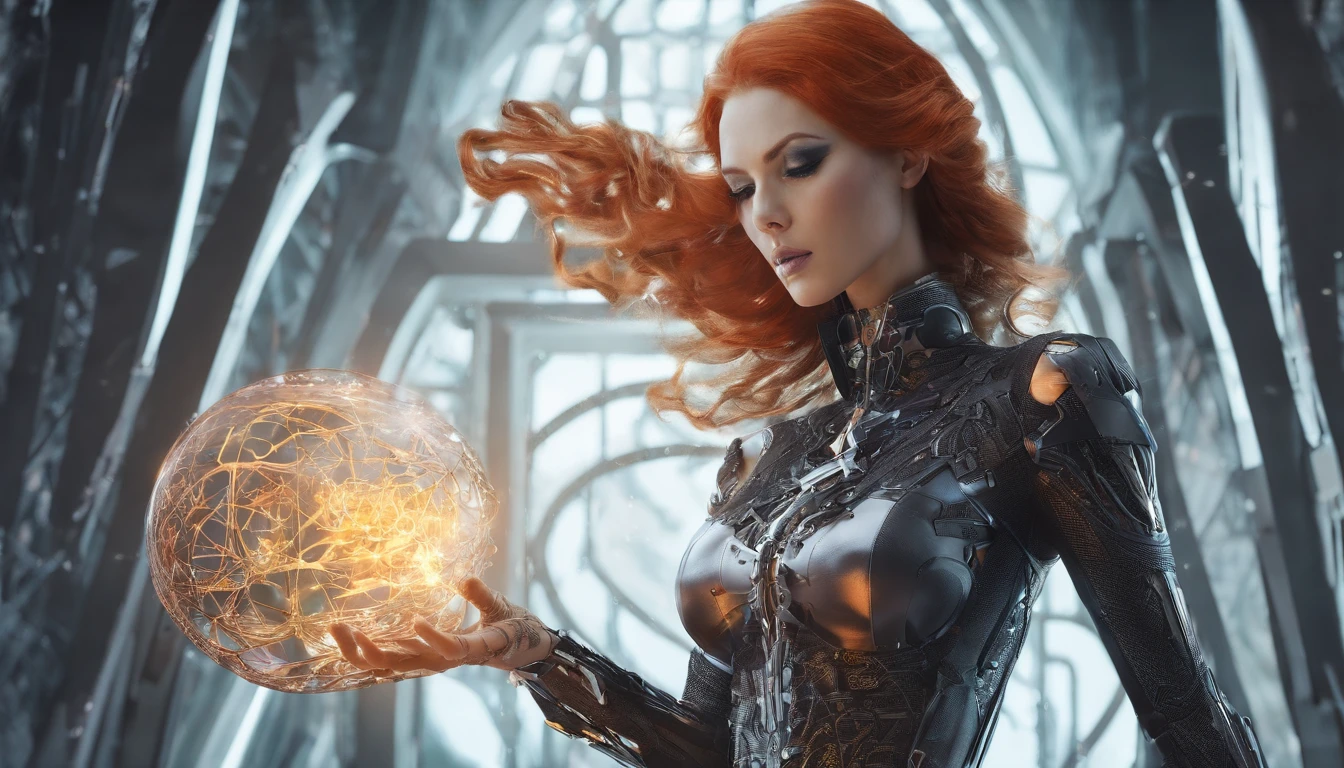 Busty redhead sorceress casting a spell on a skeleton