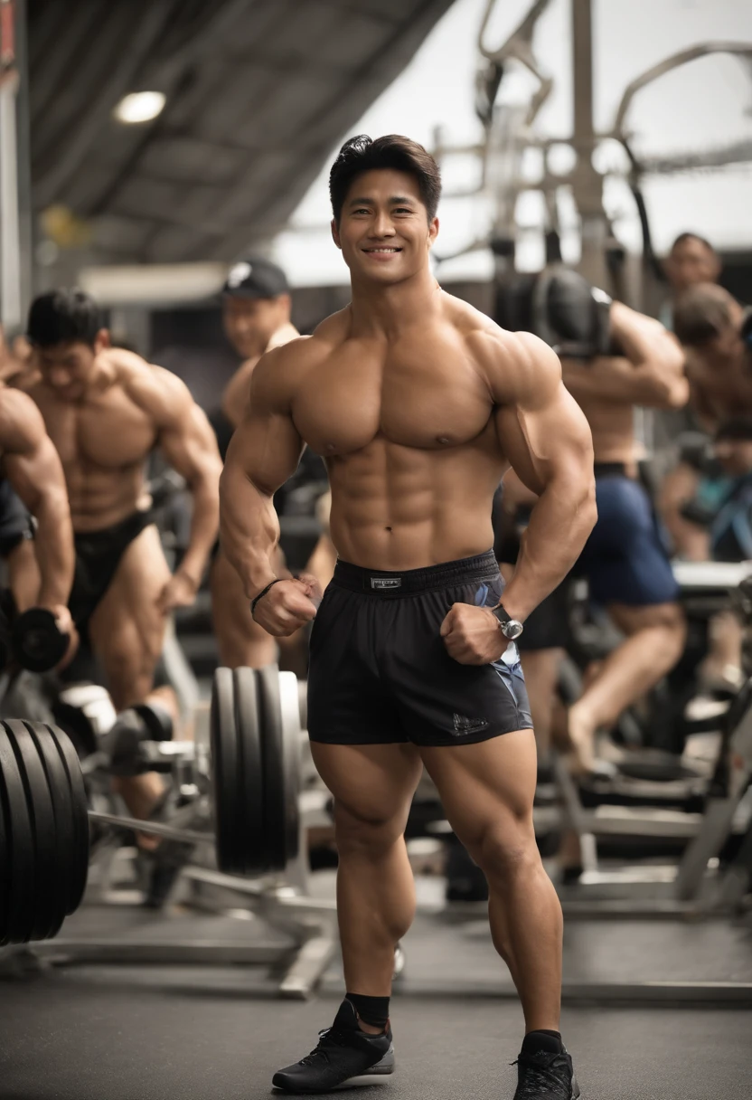 Mass of young Japan, Big muscles like a superhuman hulk, Round face, big drooping eyes, Bodybuilders who love to smile kindly, sly smile, short-cut, Poses and angles with prominent pectoral muscles, Sight Front, Sexy bikini pants for men, Chunky large male genitalia