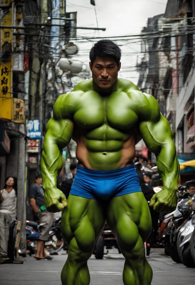 Mass of young Japan, Big muscles like a superhuman hulk, Round face, big drooping eyes, Bodybuilders who love to smile kindly, sly smile, short-cut, Poses and angles with prominent pectoral muscles, Sight Front, Sexy bikini pants for men, Chunky large male genitalia