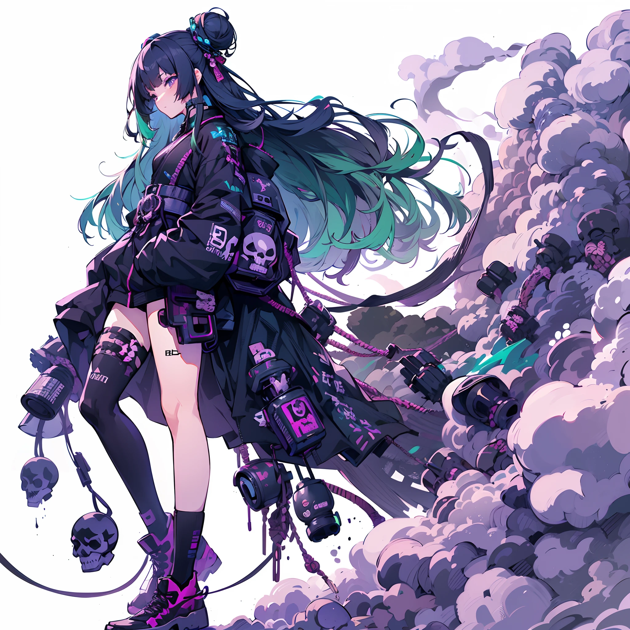 (masutepiece, Best Quality), (Perfect athlete body:1.2), (detailed hairs), Ultra-detailed, Anime style, Full body, White background, Whole body, Cyberpunk Ninja Girl, Black Cyber Kimono Wear, darkgreen hair, Deep Purple Boots Sneakers, Bun hair, Many cute skull accessories, Stand in a very thick toxic gas cloud!! Whole body
