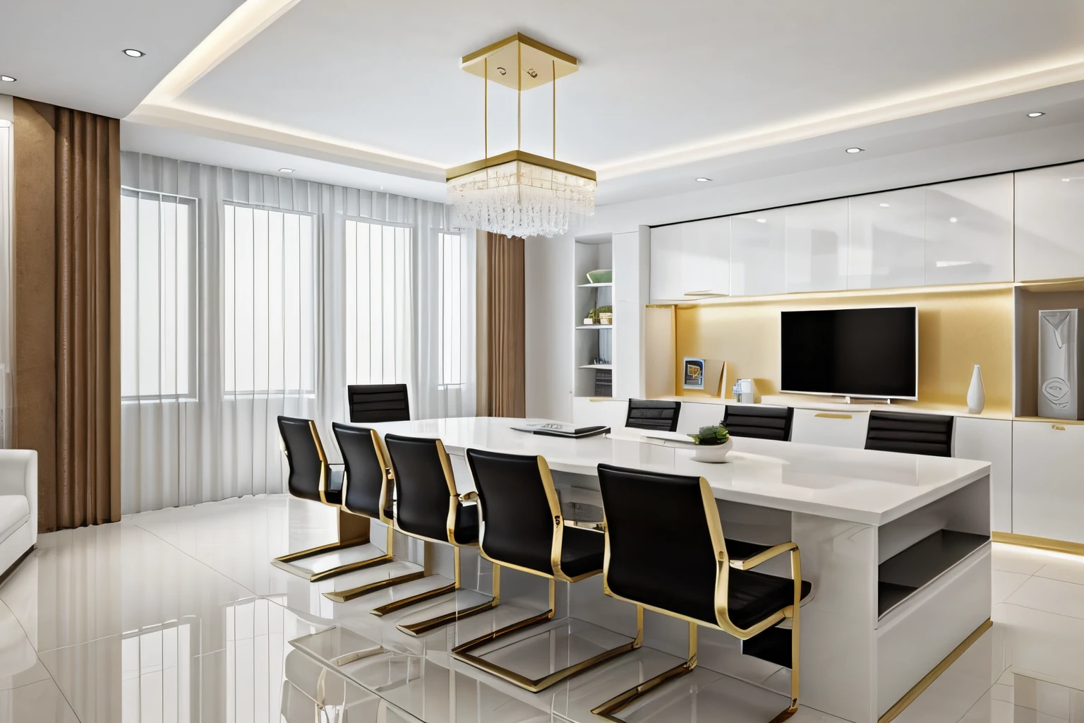 An interesting idea to create a modern executive office is to combine a white porcelain floor with white and gold furniture.  This color combination can create an elegant and sophisticated environment.  Here are some suggestions for creating this space:

 1. White porcelain floor: White porcelain is a versatile and easy-to-maintain option.  It can bring a clean and bright look to your office.

 2. White and gold furniture: Opting for furniture with a white finish can bring a sense of lightness and modernity to the space.  To add a touch of sophistication, choosing furniture with golden details can be an excellent option.  For example, a white office desk with gold legs or a bookcase with white shelves and gold frames can create an interesting contrast.

 3. LED Lights: The use of LED lights can bring a modern and energizing lighting effect to the office.  Consider installing recessed ceiling lights or LED strips around the space to create a bright, welcoming atmosphere.

 4. Wall cabinet: Having a wall cabinet can help with office organization, providing space to store documents, office supplies and other items.  Choose a cabinet with white or gold doors to maintain visual consistency.

 5. Gold Italian Leather Armchairs: Gold Italian leather armchairs can add a luxurious touch to your executive office.  In addition, leather is a durable and comfortable material.  Consider choosing armchairs with an elegant and comfortable design to complement the environment.

 Remember to create good general lighting in the space and also consider incorporating decorative elements, such as pictures, plants and rugs, to make the environment even more cozy and personalized.

 These are just suggestions to help you create a modern executive office.  Feel free to adapt the ideas according to your preferences and needs.