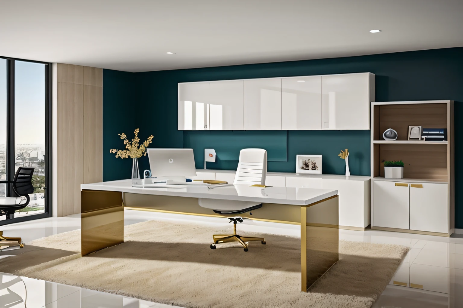 An interesting idea to create a modern executive office is to combine a white porcelain floor with white and gold furniture.  This color combination can create an elegant and sophisticated environment.  Here are some suggestions for creating this space:

 1. White porcelain floor: White porcelain is a versatile and easy-to-maintain option.  It can bring a clean and bright look to your office.

 2. White and gold furniture: Opting for furniture with a white finish can bring a sense of lightness and modernity to the space.  To add a touch of sophistication, choosing furniture with golden details can be an excellent option.  For example, a white office desk with gold legs or a bookcase with white shelves and gold frames can create an interesting contrast.

 3. LED Lights: The use of LED lights can bring a modern and energizing lighting effect to the office.  Consider installing recessed ceiling lights or LED strips around the space to create a bright, welcoming atmosphere.

 4. Wall cabinet: Having a wall cabinet can help with office organization, providing space to store documents, office supplies and other items.  Choose a cabinet with white or gold doors to maintain visual consistency.

 5. Gold Italian Leather Armchairs: Gold Italian leather armchairs can add a luxurious touch to your executive office.  In addition, leather is a durable and comfortable material.  Consider choosing armchairs with an elegant and comfortable design to complement the environment.

 Remember to create good general lighting in the space and also consider incorporating decorative elements, such as pictures, plants and rugs, to make the environment even more cozy and personalized.

 These are just suggestions to help you create a modern executive office.  Feel free to adapt the ideas according to your preferences and needs.