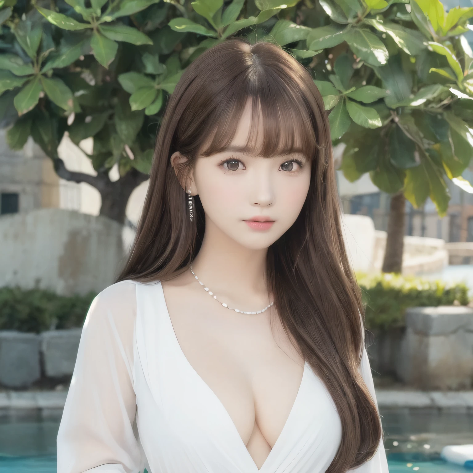 pureerosface_v1, top-quality, Photorealsitic, 8K, hight resolution, 2People Girls, femele, (Skindentation), (portlate:0.6), a gorgeous, dynamicposes, ((poolsidebackground:1.6)), coconut tree, ((Medium Size Round Breast, White blouse:1.4)), straight look at viewer:1.8, (1 Girl's eyes looking at the viewer, medium lenght hair, brown haired, Putted Bangs:1.65), (bokeh dof), (Keep your mouth shut:1.46),a necklace、 Twintail hairstyles,Blue eyes、