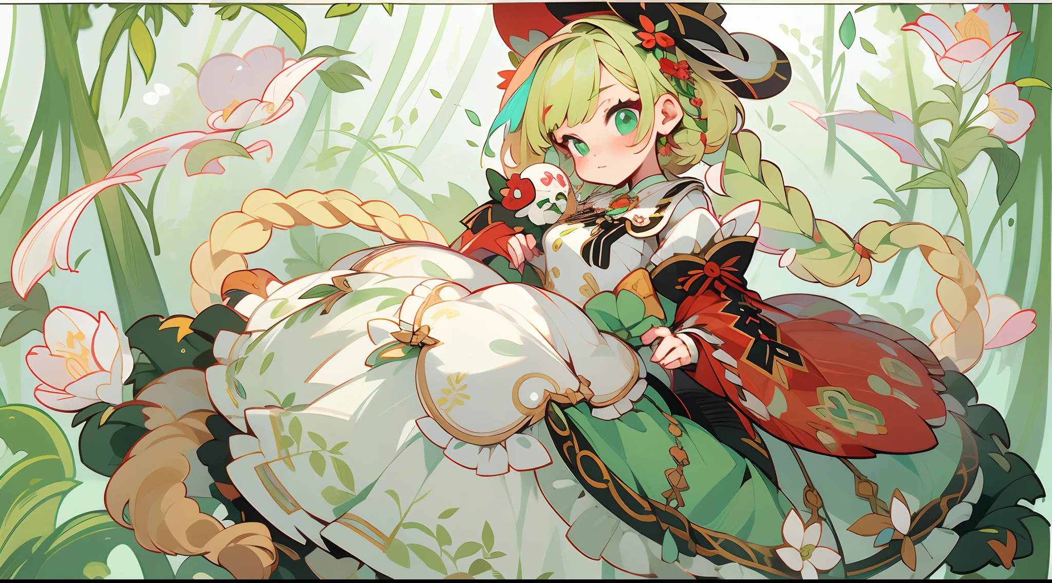 (1 Gothic Lolita), (standing full-body), (Full body standing painting), 1 Princess，(standing full-body)，独奏, BJD dolls, Blush, long  skirt，character  design, fanciful, alice in the wonderland, Gothic Lolita red dress, Green high socks, White flowers, ((red colour)), Blonde hair, Short hair, Double up braid, tmasterpiece, top Quority，best qualtiy，超高分辨率，Exquisite facial features,